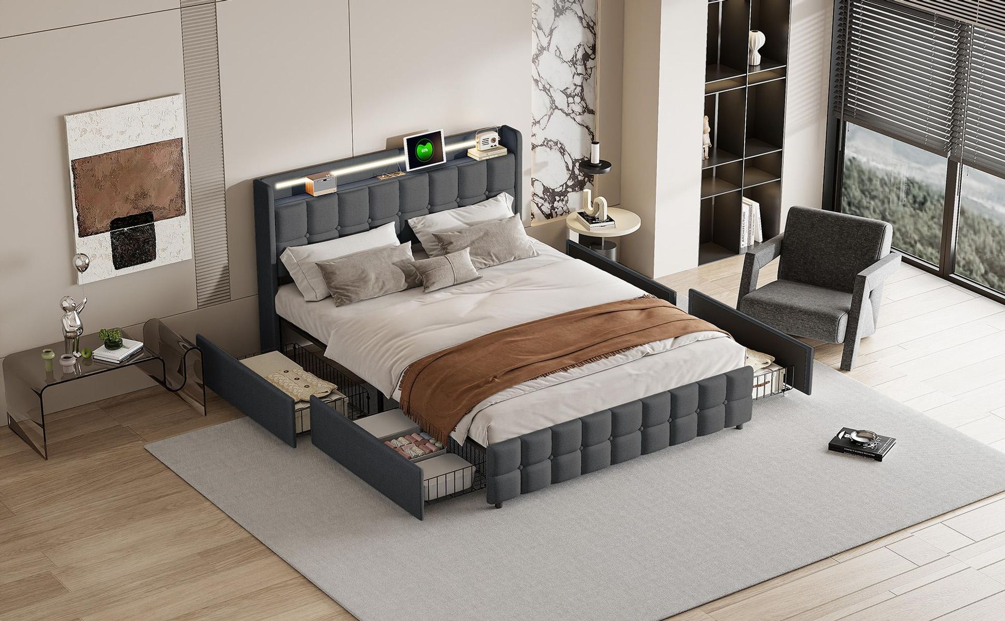 Polsterbett LED, mit Aufladen USB Ladefunktion Kopfteil und 4 Schubladen,Doppelbett 160x200cm Stauraumbetten Bettgestell, Lattenrost aus Holz, Grau