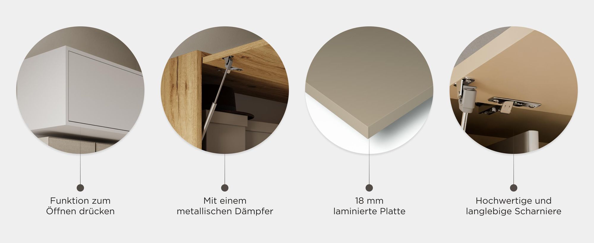 Push-Öffnung, Dämpfer, 18 mm Platte und langlebige Scharniere im Überblick