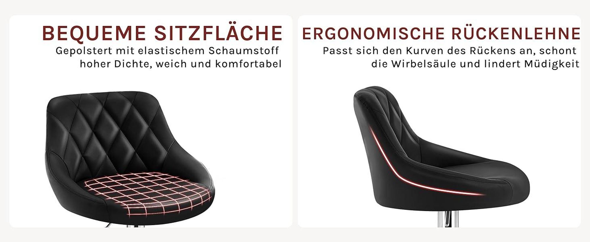 WOLTU 2er Set Barhocker Barstuhl leichte reinige Kunstleder, Gute gepolsterte Sitzfläche, Höhenverstellbar 360° Drehbar, Farbwahl, Schwarz