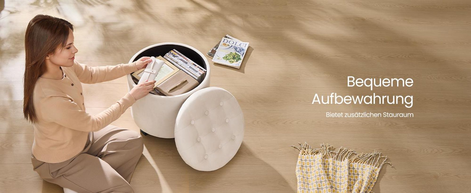 SONGMICS Sitzhocker rund, Fußhocker mit Stauraum, Schminkhocker mit Beinen, 45 cm d, 44,5 cm H, bis 150 kg belastbar