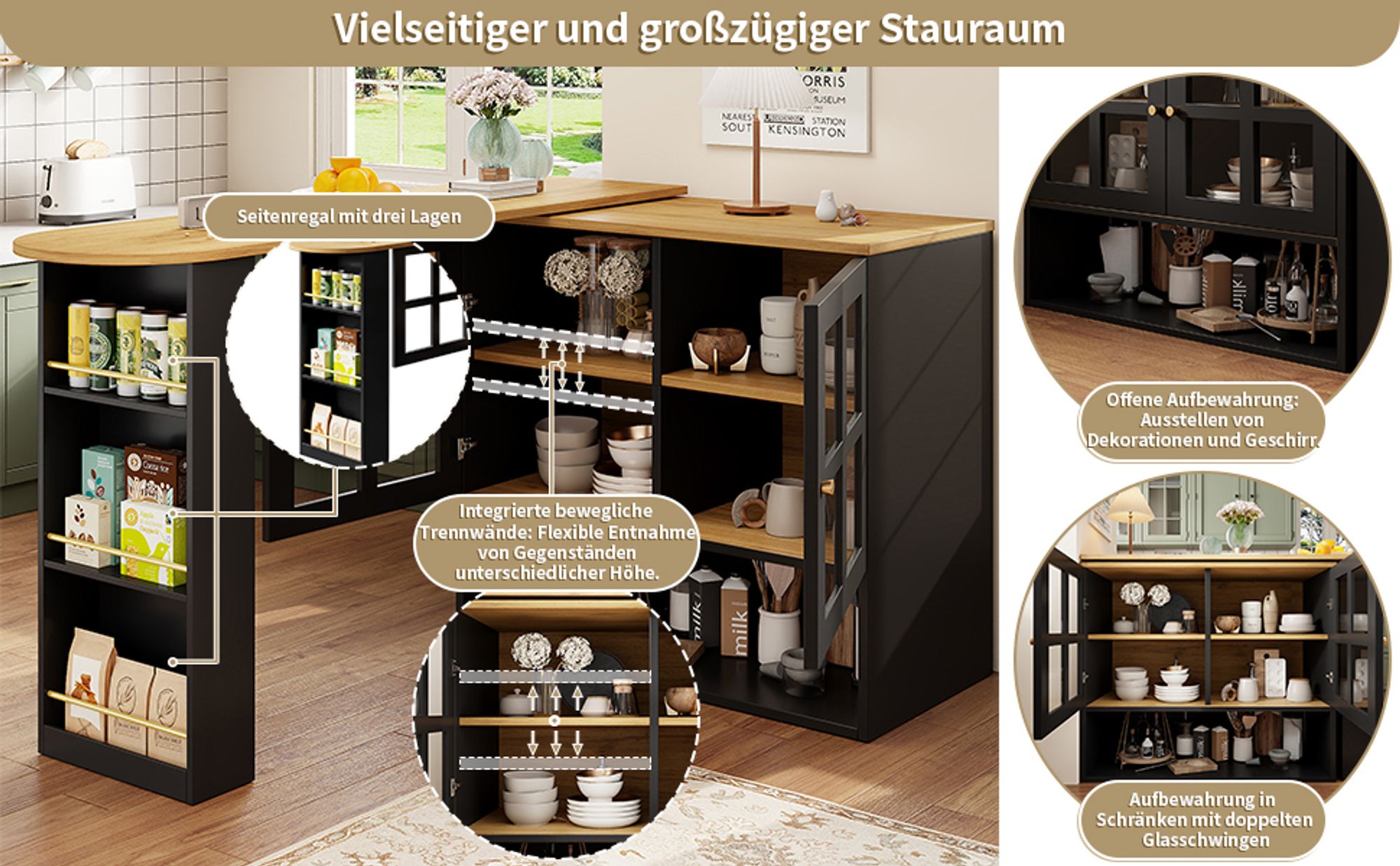 Flieks multifunktionaler Bartisch 360°drehbar, Stehtisch mit Sideboard, Küchentisch ausziehbar, Kaffeebar mit Schrank, Sideboard mit Glastür, schwarz