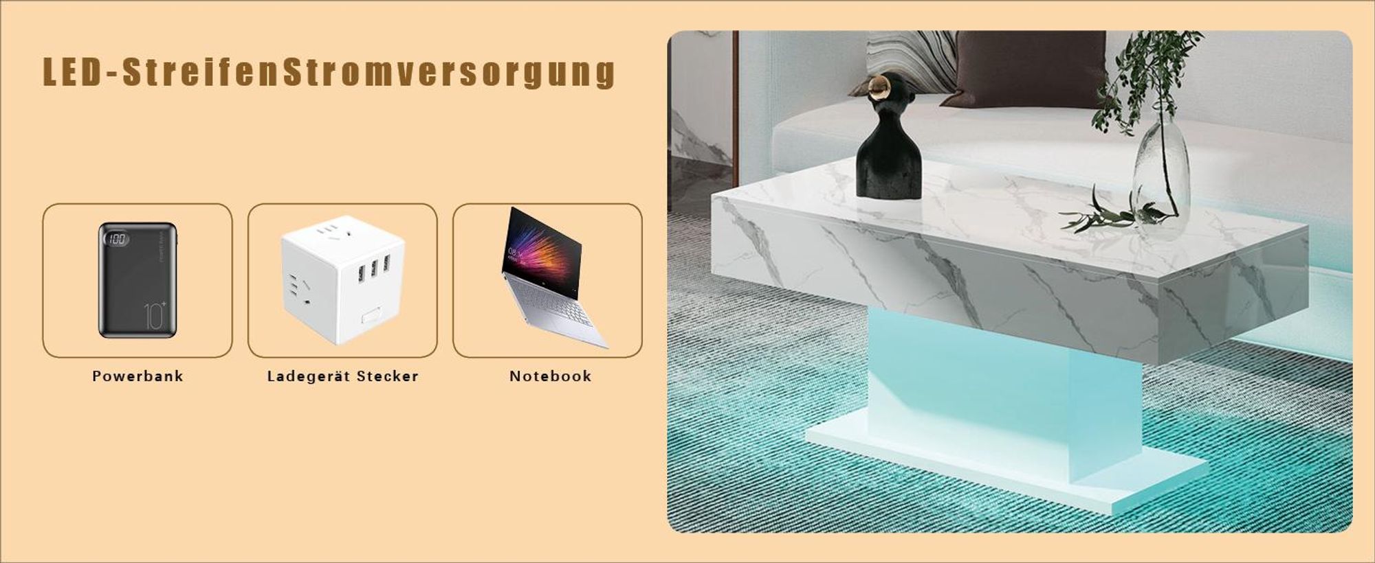 Radelldar Modern Couchtisch Wohnzimmertisch Hochglanz mit Beleuchtung, USB, 110x55x50cm, Weiß marmor