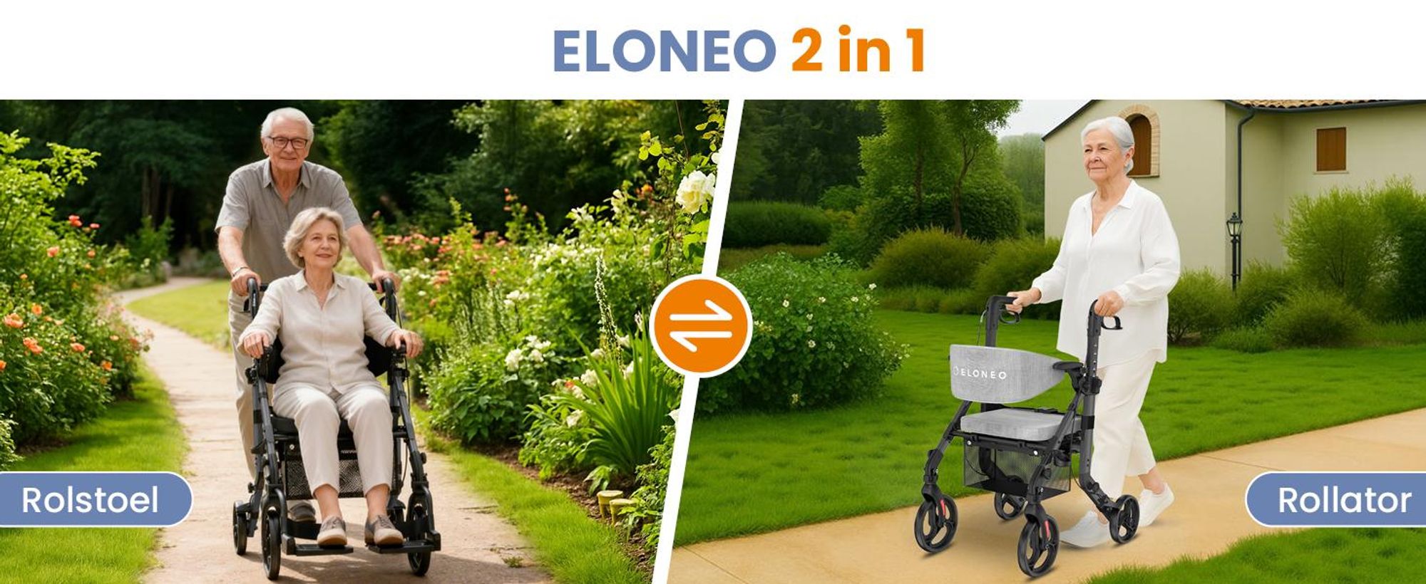ELONEO 2-in-1 rolstoel/rolator, opvouwbaar en lichtgewicht met zitplaats, outdoor rolstoel/rolator, opvouwbaar, aluminium loophulpmiddel voor senioren - zwart