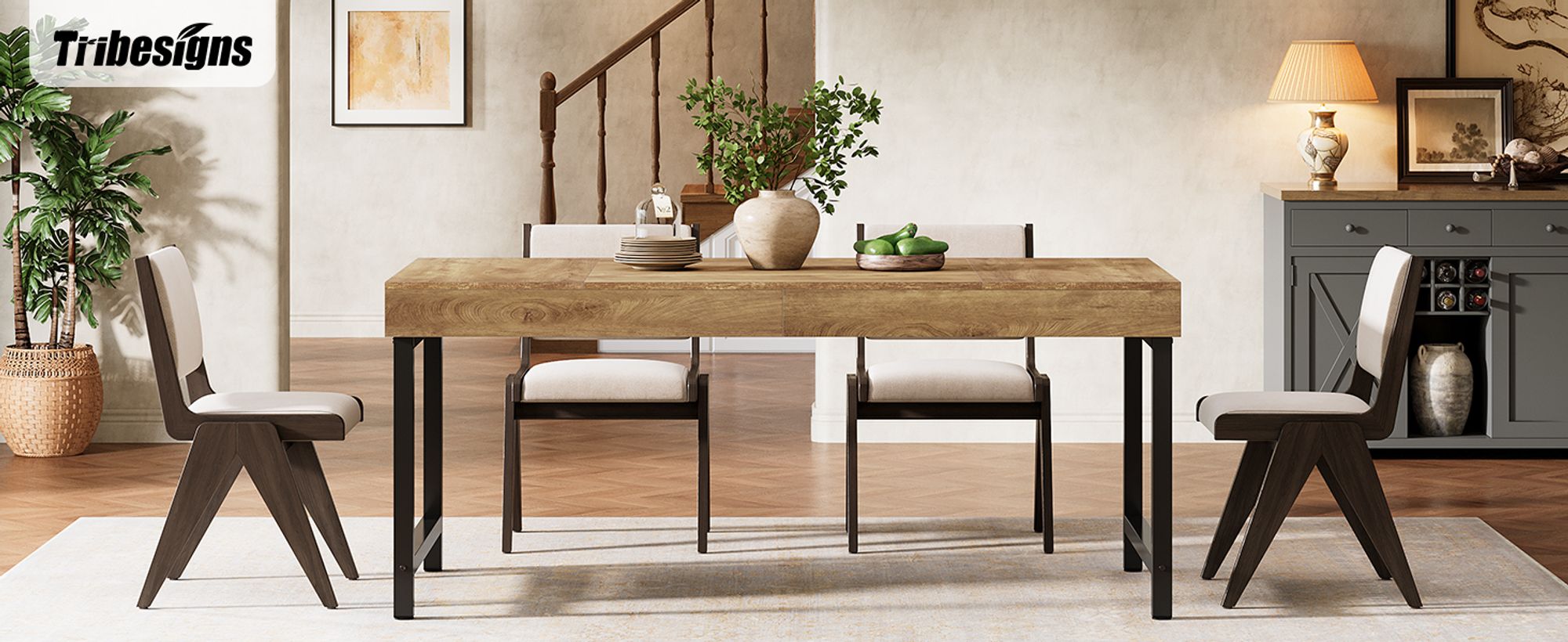 Tribesigns Farmhouse Esstisch für 4-6 Personen, 140 cm Esszimmertisch, rechteckiger Küchentisch mit robusten Metallbeinen für Zuhause, Esszimmer