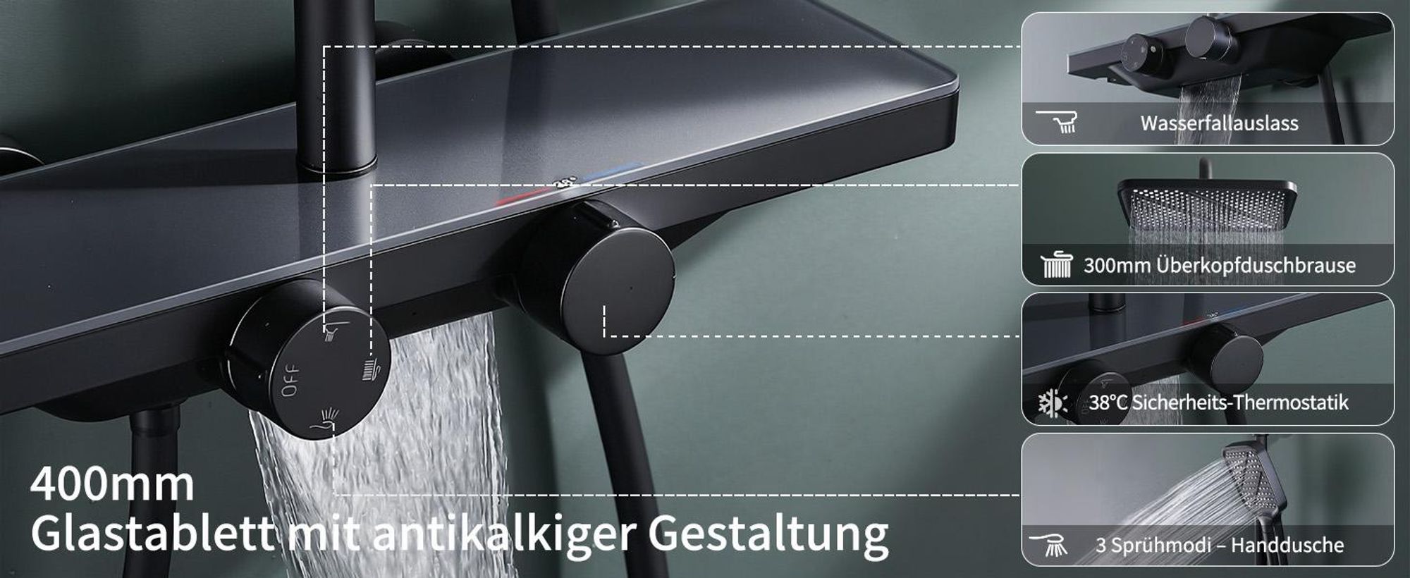 Duschsystem mit Thermostat und Glasablage in Schwarz Matt,Brausegarnitur 3 Strahlart(en), 12 Zoll Regendusche, 3-Funktions-Handbrause