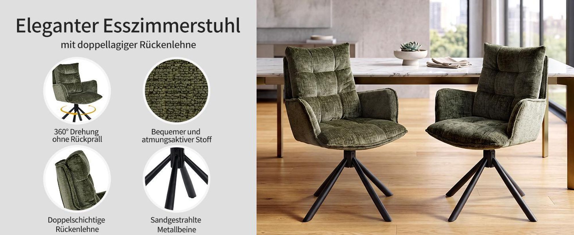 Duhome Esszimmerstuhl 360° Drehbar Loungesessel 2er Set Chenille Stuhl mit Rückstellfunktion für Büro Küche Wohnzimmer Schlafzimmer, Grün