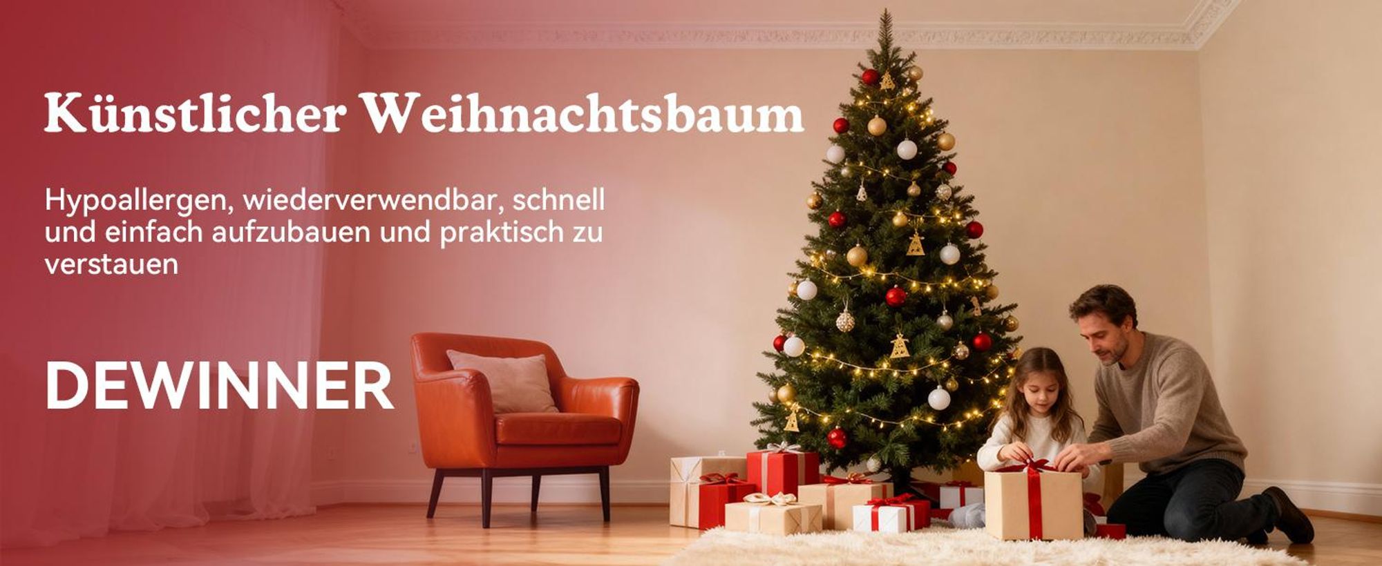 Künstlicher Weihnachtsbaum DEWINNER 180 cm,, Holzständer, Einstellbare PE/PVC-Zweige, Extra Dicht und Realistisch, Einfacher Aufbau