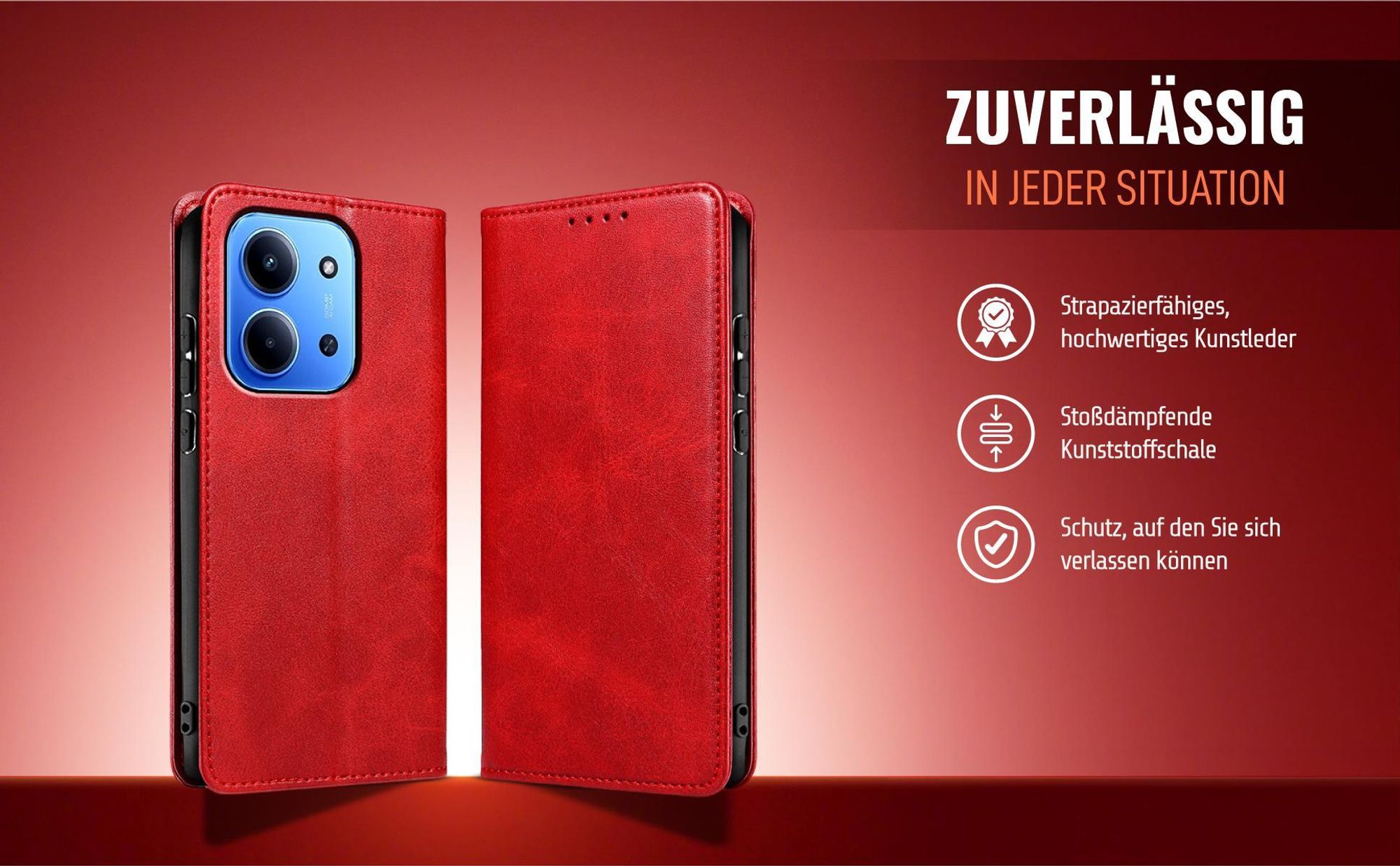 Rote Handyhülle für Xiaomi Redmi 15C aus strapazierfähigem Kunstleder
