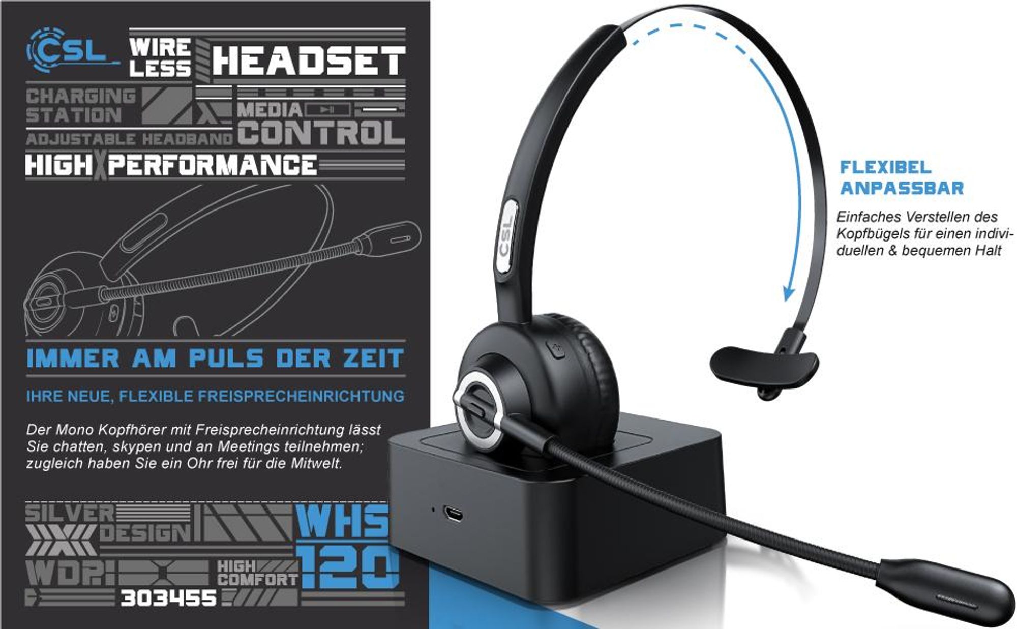 CSL Mono Bluetooth Headset mit Ladestation, Überblick mit Ladestation und Mikrofonarm