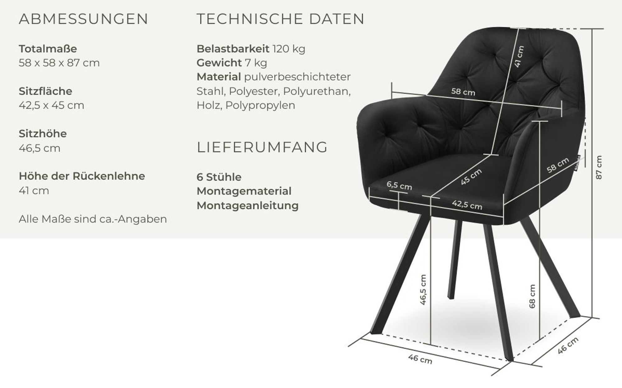 tectake® Drehbarer Samt-Armlehnstuhl Lucia gepolstert, mit Steppmuster 58 x 58 x 87 cm