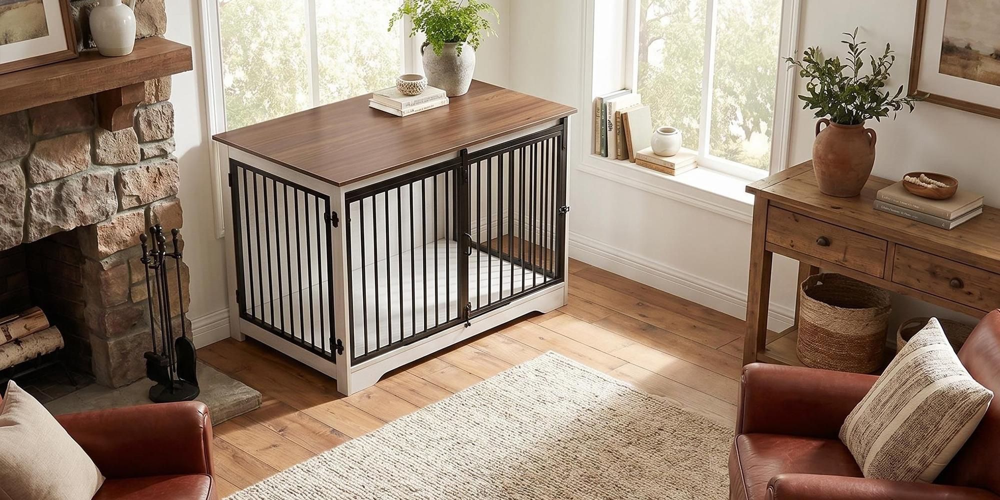 Hundekäfig Möbel, 100 cm Hundebox, 2 Türen, Weiß Braun | Schiebetüren, Moderne Hundebox Holz Indoor für Mittlere/Große Hunde, Hundekäfig für Zuhause