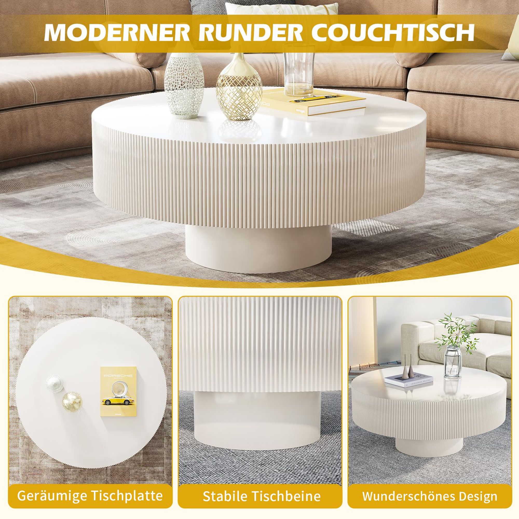 TWSOUL Couchtisch Moderner Runder Couchtisch, Weiß,78.5cm*35cm mit Fluted-Optik