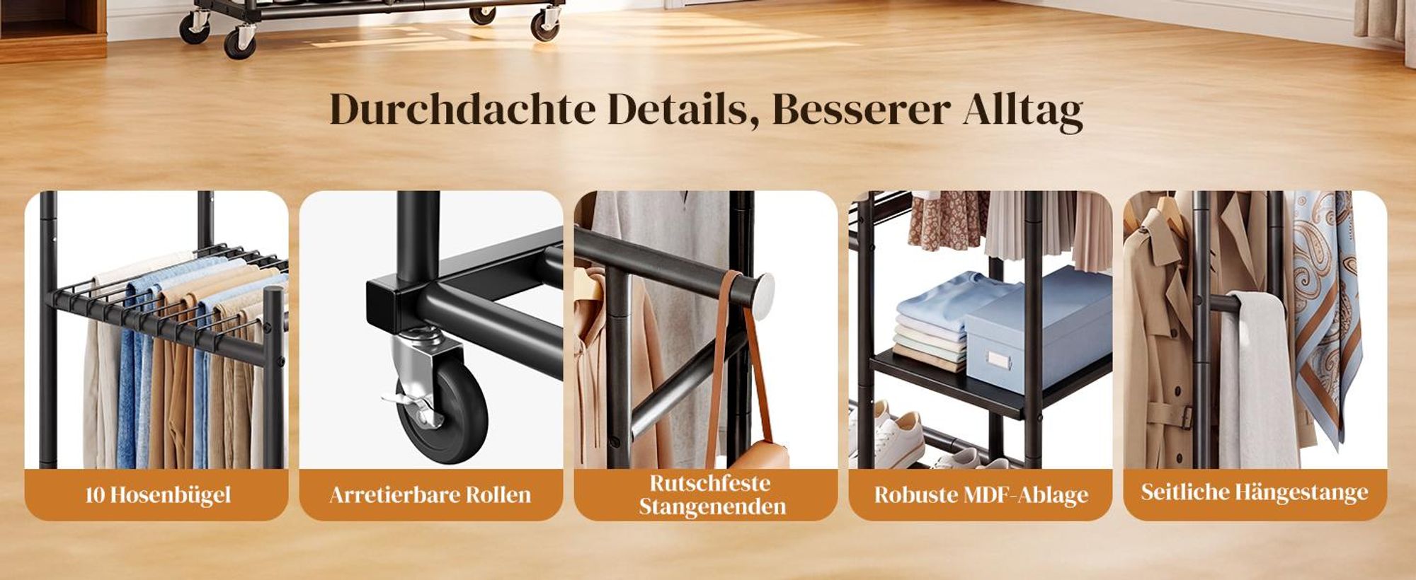 HOKEEPER Kleiderständer mit Doppelstangen, Holzablage, 180 kg Tragkraft