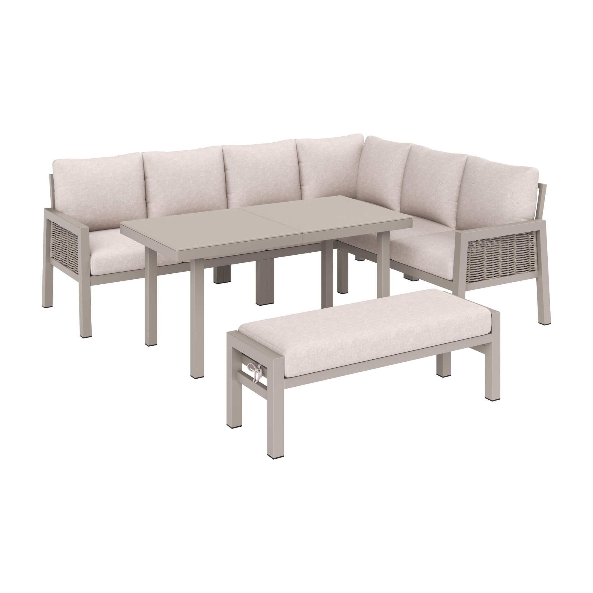 Flieks Gartenmöbel-Set 8 Sitzer, Ecksofa mit Bank und Esstisch, Gartenlounge-Set mit PE-Geflechtseil-Design, Gartengarnitur Sofagarnitur Khaki