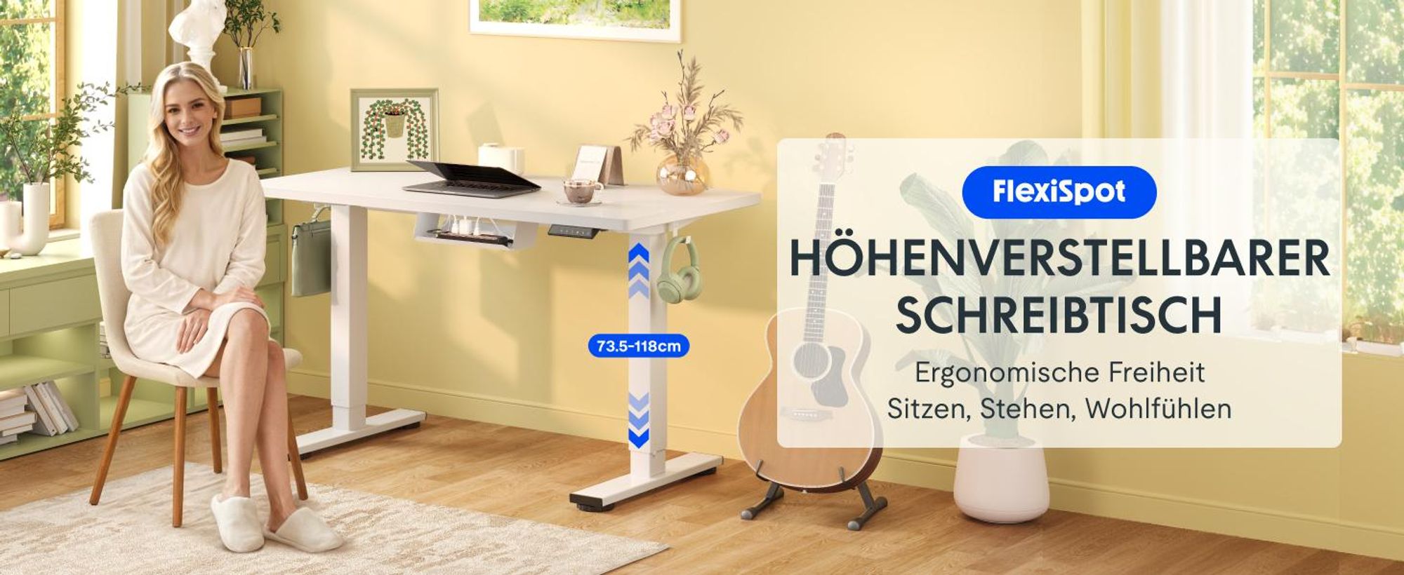 FLEXISPOT EN1 Höhenverstellbarer Schreibtisch 100x60cm elektrisch mit einteiliger Tischplatte, Kabelmanagement und Haken, 4 Memory-Funktion (Weiß)