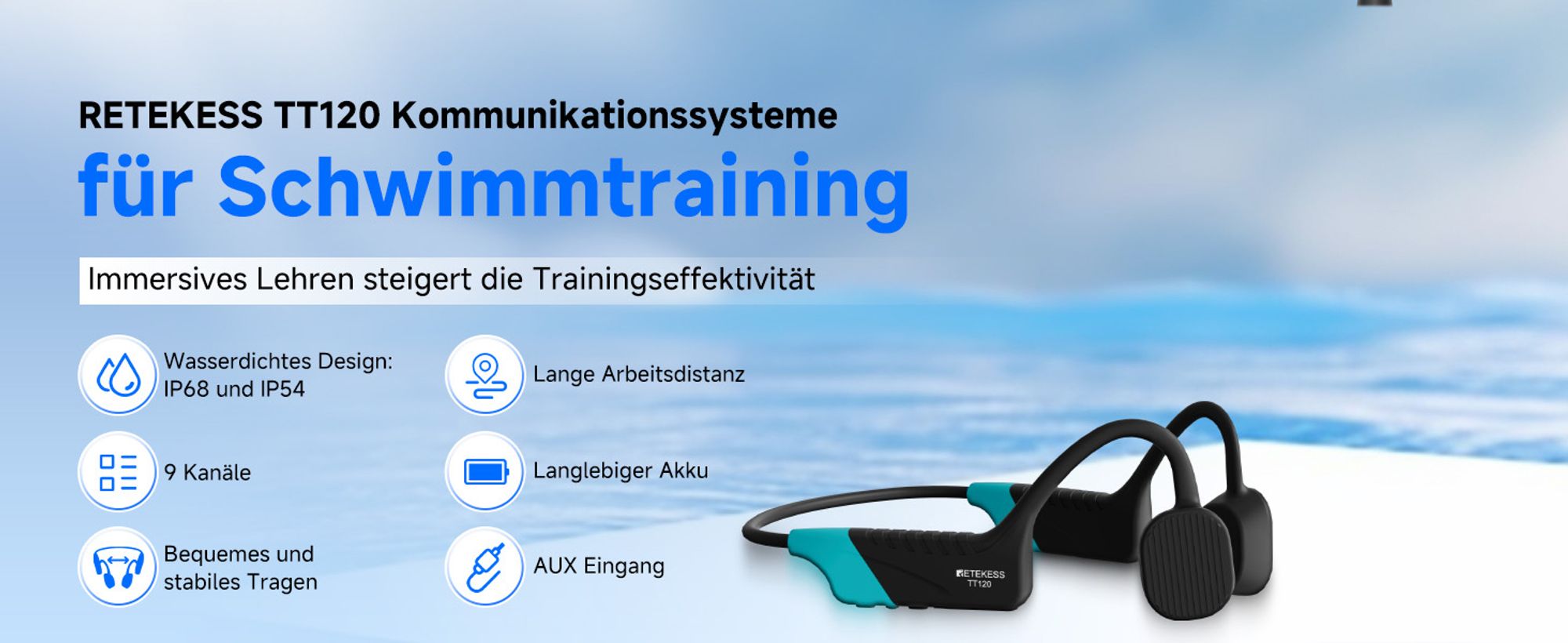 Retekess TT120 Sport Kopfhörer ,Knochenleitung, Schwimmen Headset, IP68 wasserdicht, 50m Unterwasserkommunikation, für Laufen, Radfahren, Training