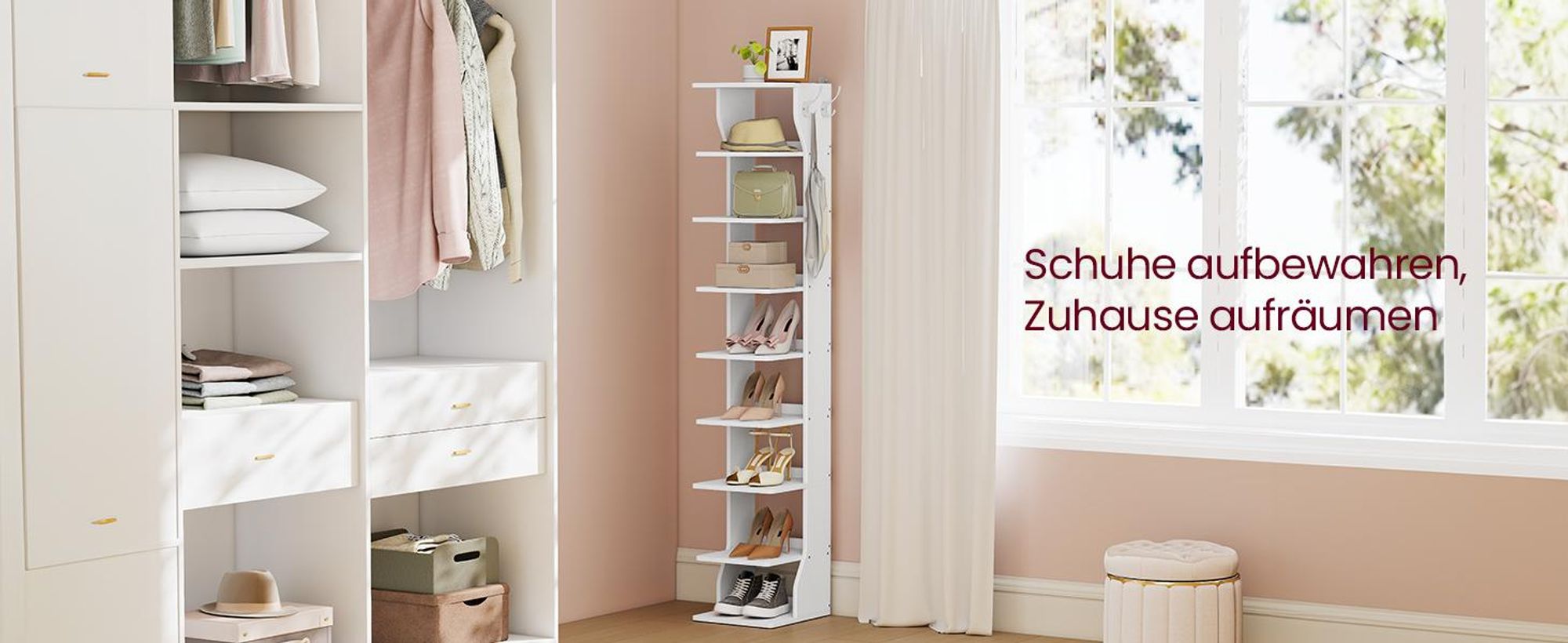 Schuhregal schmal, Standregal platzsparend, 9 Ebenen, für Eingangsbereich, Ecke, Schuhablage, weiß