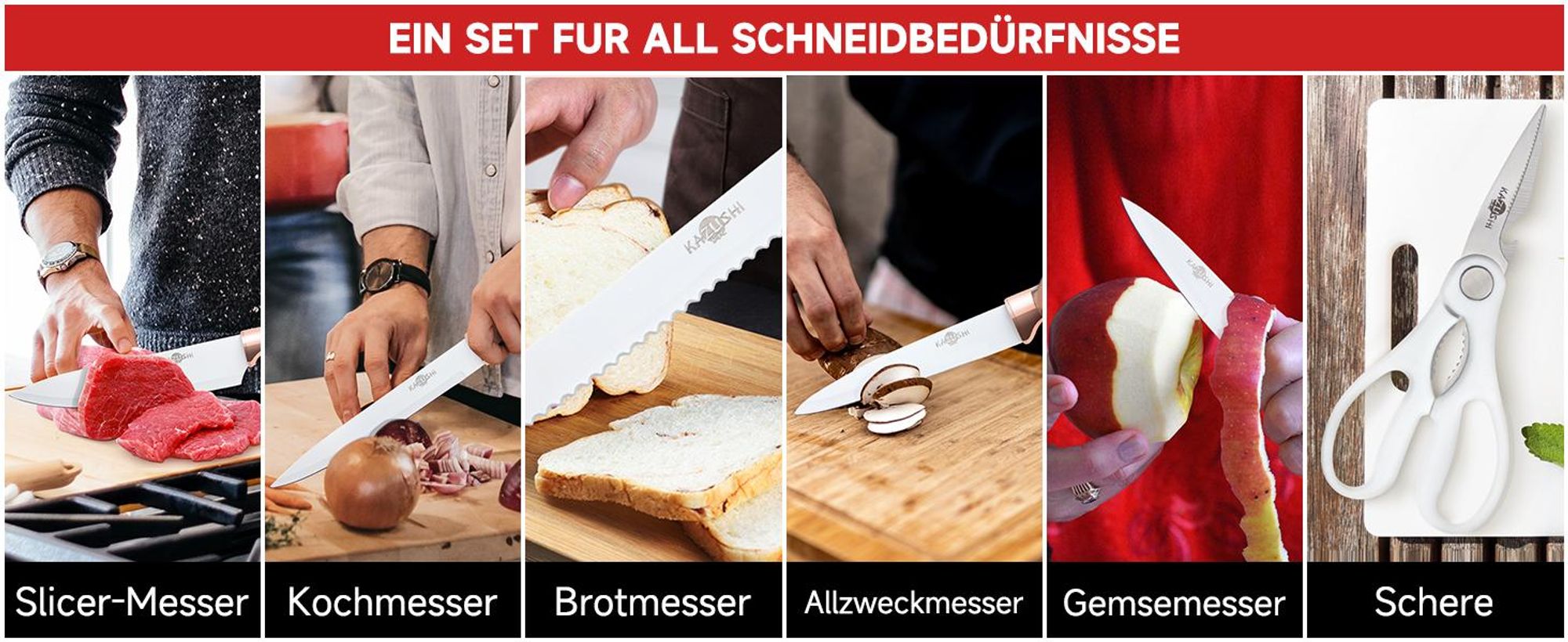 KAZUSHI Messerblock mit Messer 7-teilig, Selbstschärfender, Weiß Scharfe Küchenmesser, Profi Messerset mit Block, Edelstahl Messer Set (KA-KN71)