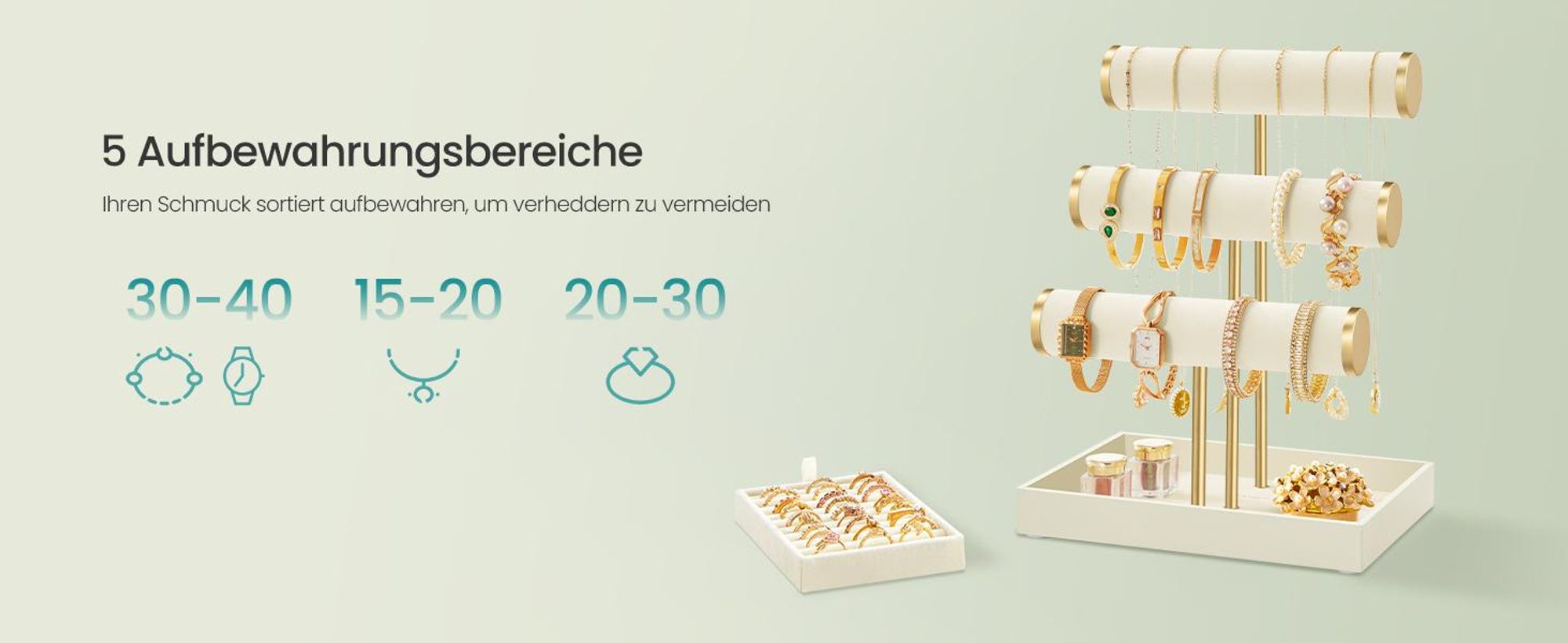 SONGMICS Schmuckhalter, Schmuckständer, 3 Armbandhalter, Schmuck-Organizer, mit Tablett aus Samt, mit Ringhalter, weiß-gold