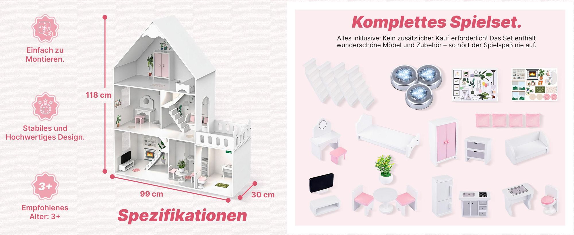 Großes Holz-Puppenhaus 118 cm mit LED und Möbeln – 3 Etagen, 7 Zimmer, Terrasse und Zubehör