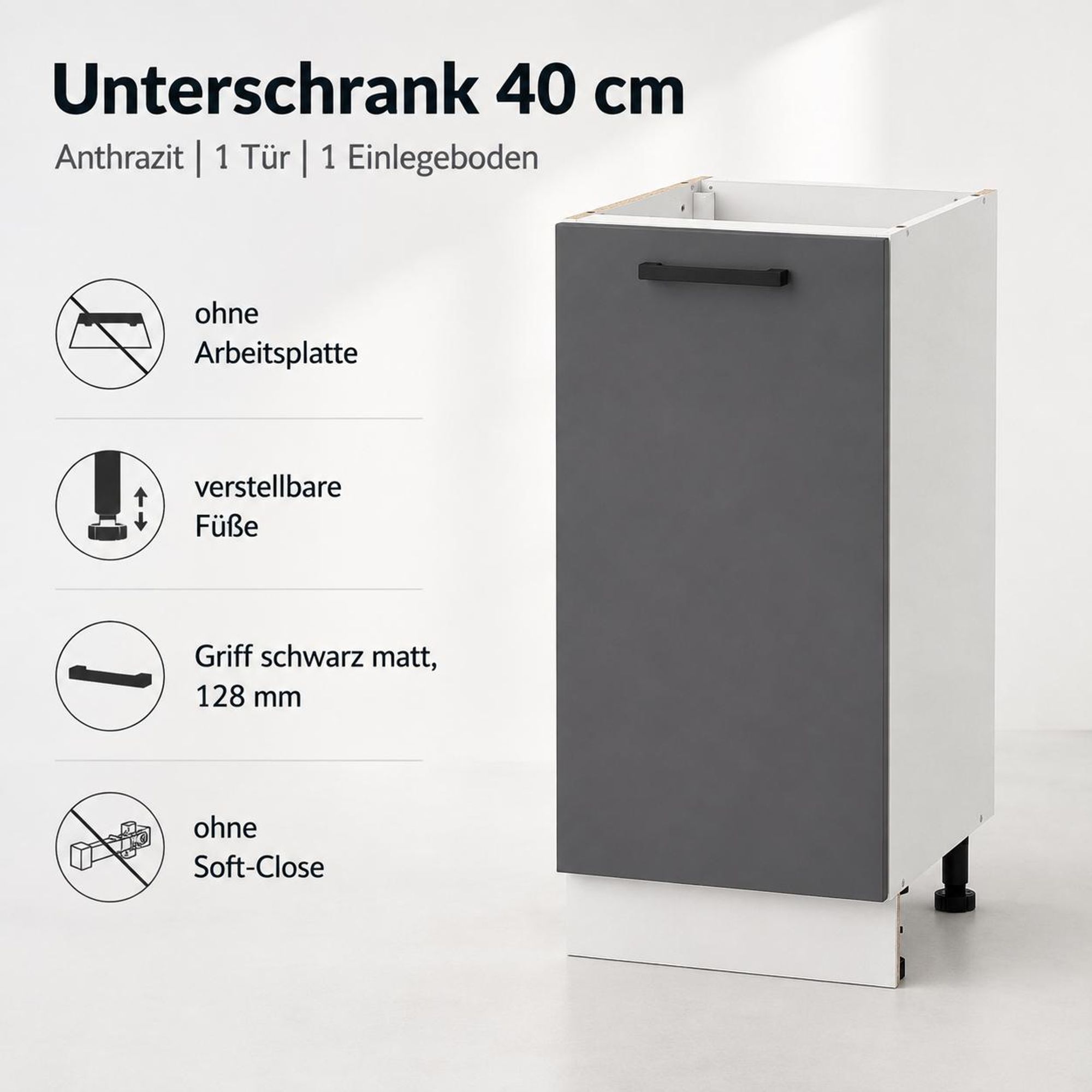 Küchenunterschrank 40 cm Anthrazit: 1 Tür, weißer Korpus & verstellbare Füße.