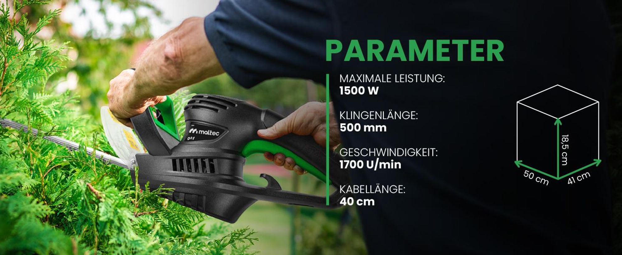 Elektrische Heckenschere mit 50cm Schnittlänge, Handschutz, Schwertschutz und Schutzbrille