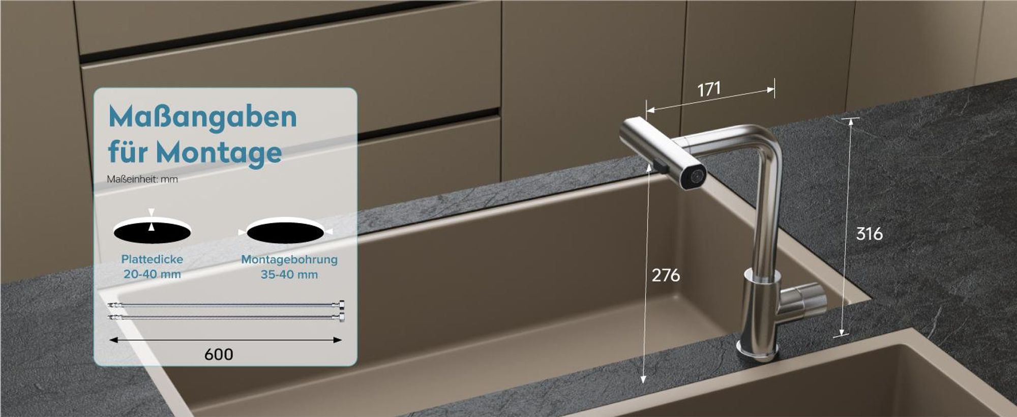 doporro Wasserfall Wasserhahn Küche Hochdruck mit 3 Strahlarten und Einhebel-Mischbatterie, ausziehbare Spültischarmatur Gebürstet silber Turnix-02