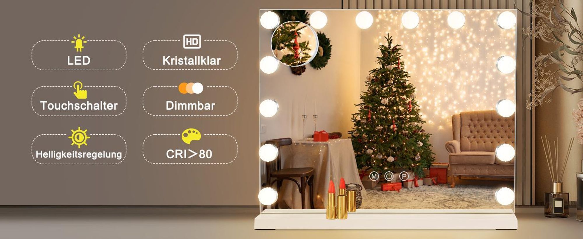 ZMH lusterko do makijażu lusterko kosmetyczne ściemnialne 50x40cm lusterko z oświetleniem LED 3 tryby sterowania dotykowego lusterko stołowe do toaletki białe