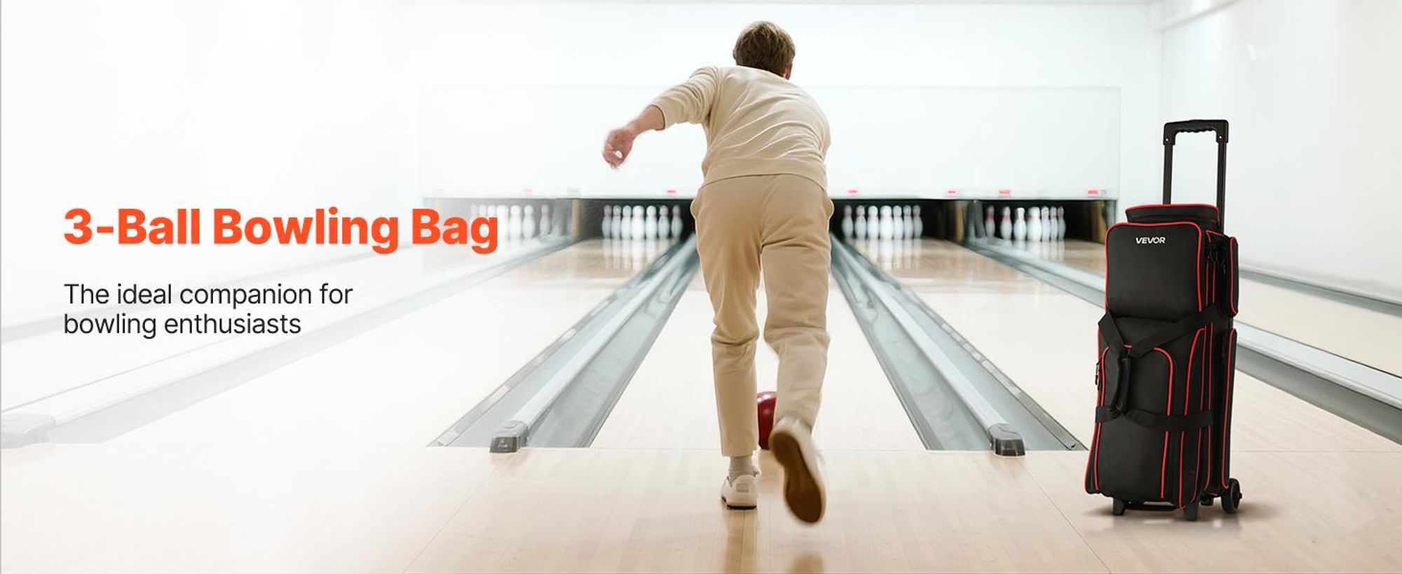 VEVOR Bowlingballtasche, 2-Ball-Doppelroller-Bowlingtasche mit Rädern, mit einem separaten Fach für Schuhe (bis US-Größe 16) und übergroßer Zubehörtasche, ausziehbarer Griff bis 1050 mm, Schwarz & Rot-3 Bälle