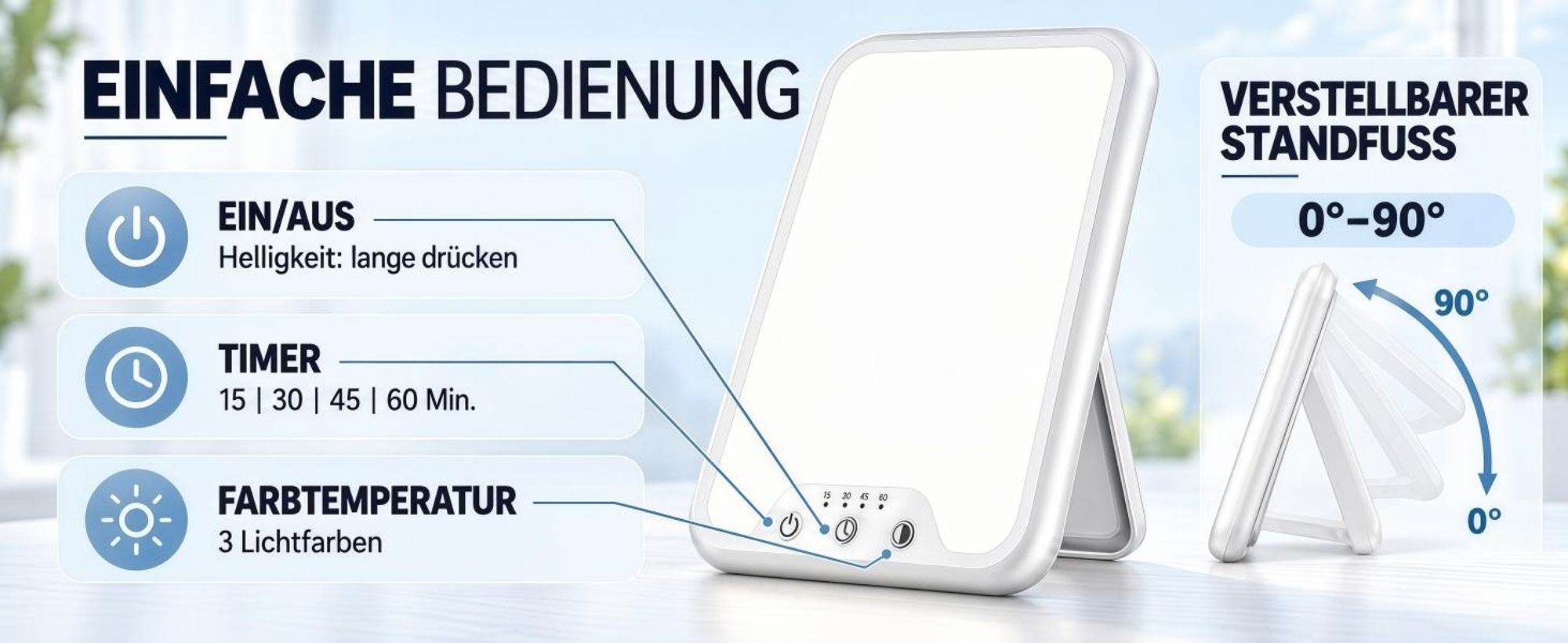 Tageslichtlampe 10000 Lux, Lichttherapiegeräte,UV-frei, stufenlos dimmbar, 3 Lichtfarben, Touch-Steuerung,4 Timer, faltbar, ultradünn & leicht
