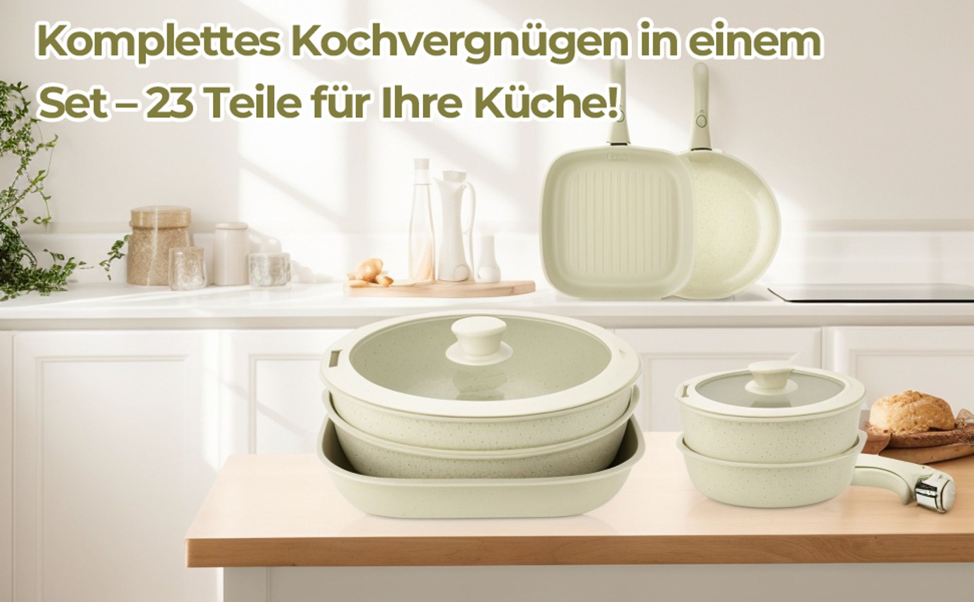 Topfset Abnehmbarer Griff, 23-Teilig Topfset Induktion, Topf und Pfannenset Stapelbar, Töpfe Beige mit Antihaft Beschichtet, für Alle Herdarten