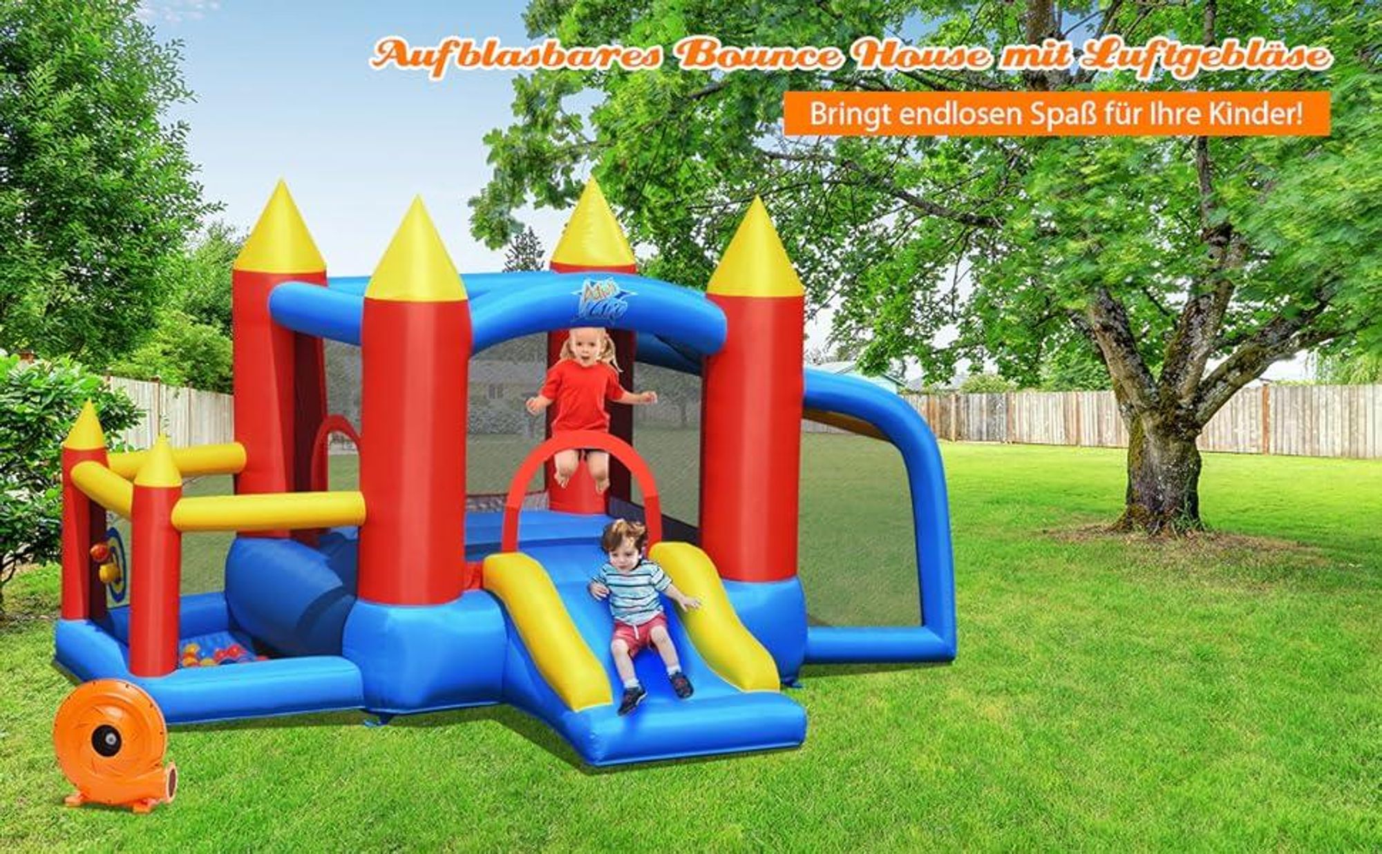 COSTWAY Hüpfburg + 450W Gebläse Springburg Hüpfschloss, Bouncer mit Rutsche, 60 Ozeanbälle, Fußballtor, 2 Dartpfeile, Tragetasche, 350x275x196cm