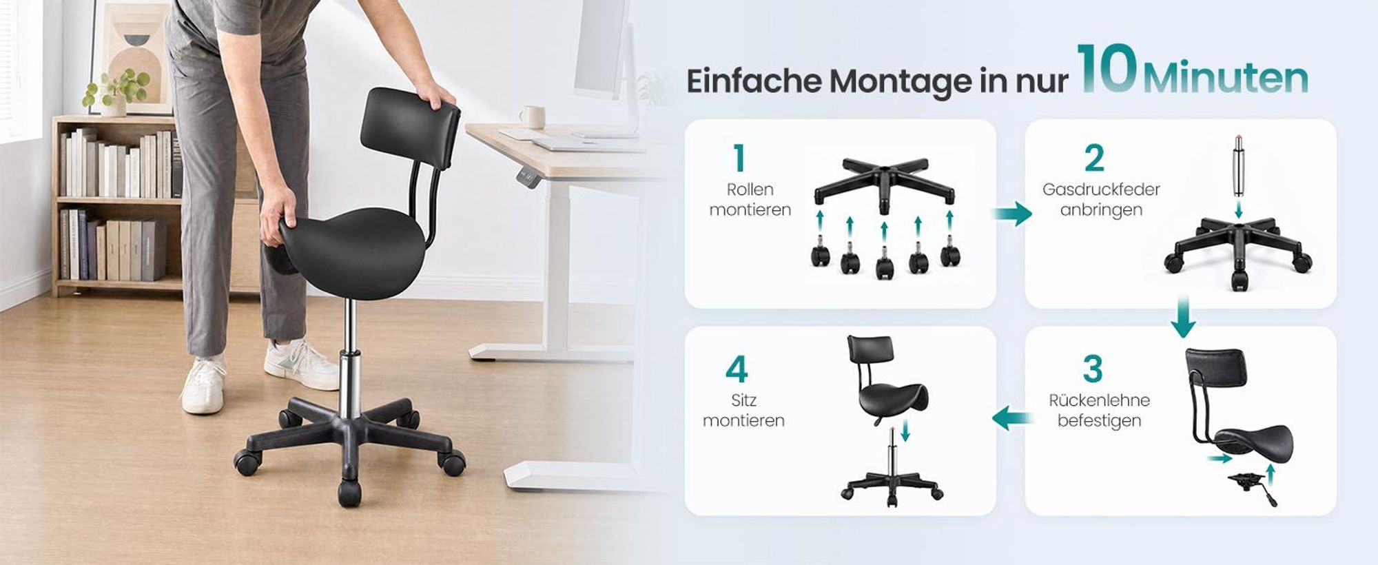 SONGMICS Sattelhocker, Ergonomischer Rollhocker aus Kunstleder, Höhenverstellbar, 56 x 56 x 68,5-82,5 cm, Schwarz