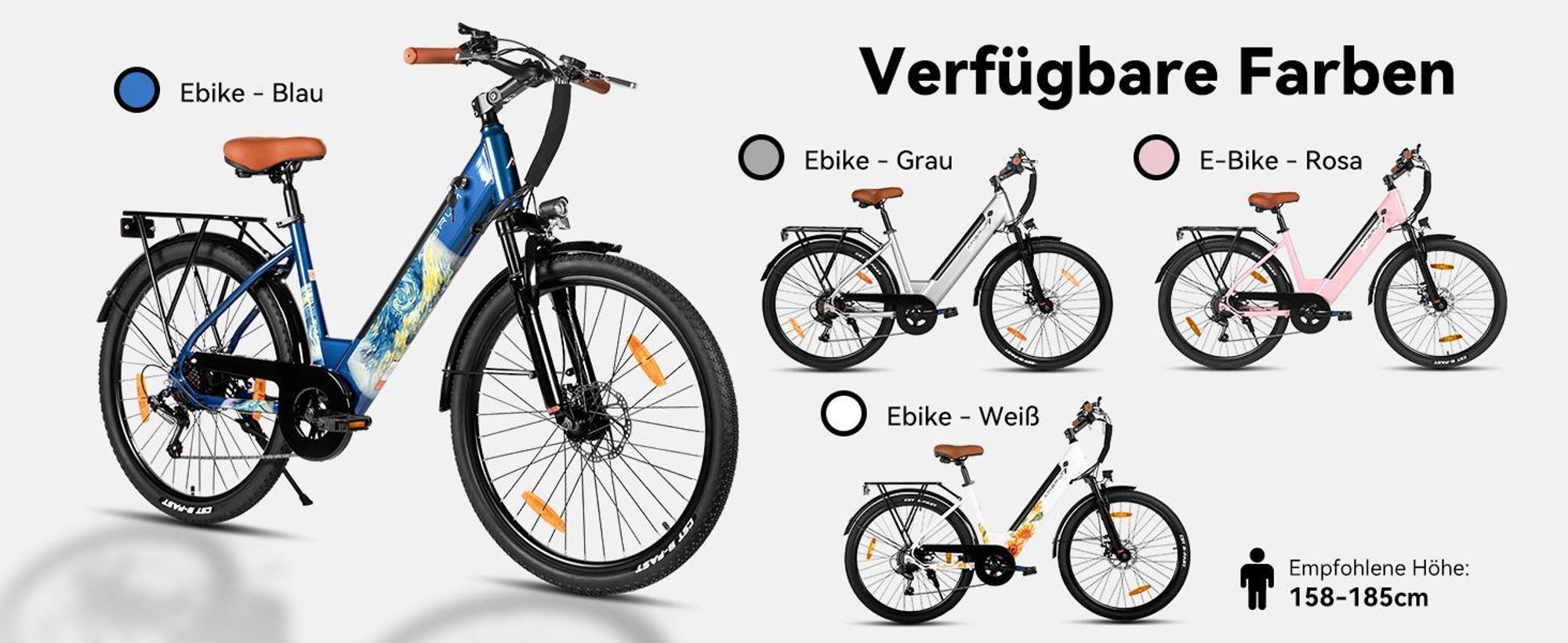 Hiland 26 Zoll 7-Gang 250W Elektrofahrrad für Männer und Frauen, Elektrisches Citybike mit 36V 10,4Ah Akku, Mit Frontlicht, Weiß