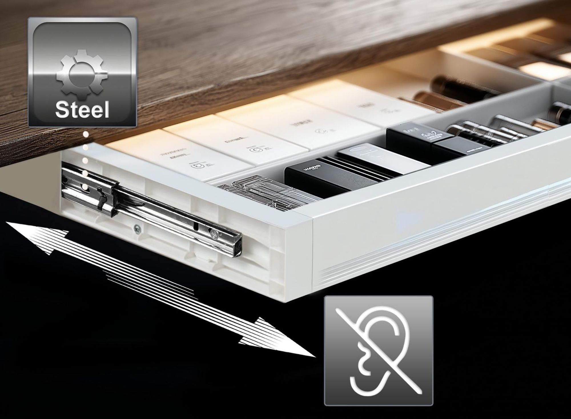 Flache Untertisch‑Schublade 758 mm | Robuste Kunststoff‑Schublade mit Stahlführungen bis 10 kg Ergo Office ER‑302