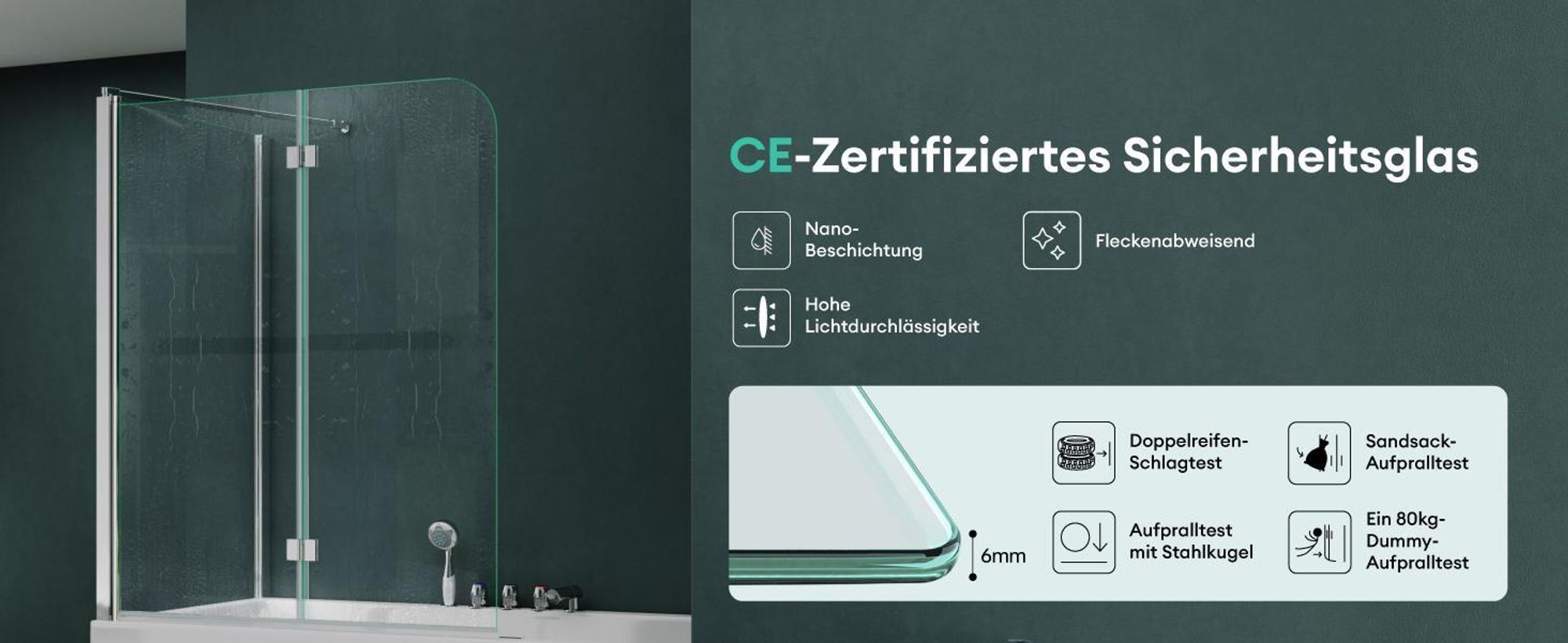 Mai & Mai Duschwand für Badewanne Badewannenfaltwand 6mm Sicherheitsglas mit NANO-Versiegelung Badewannen-Aufsatz Wandanschlag links BTH: 70x120x140cm