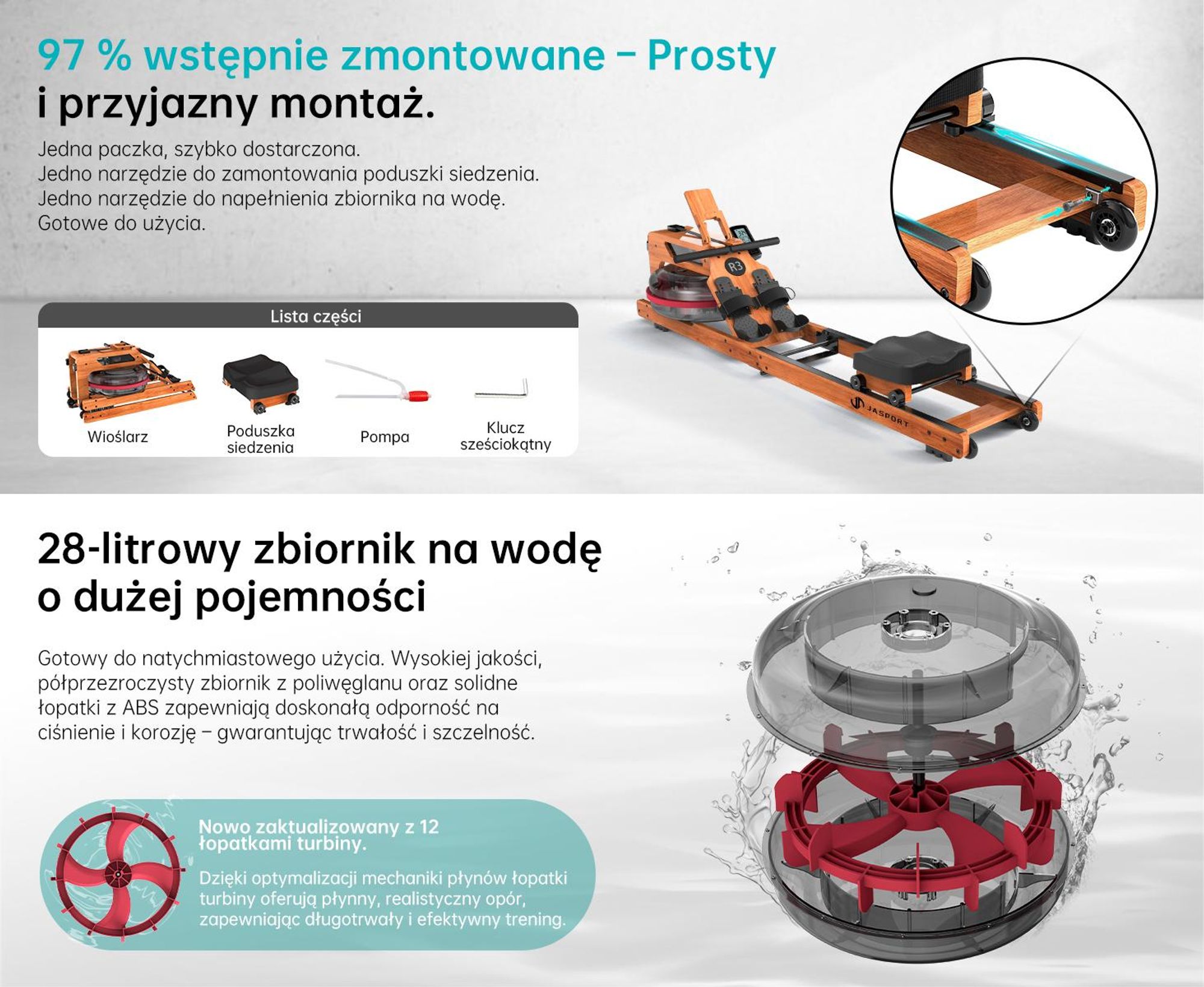 JASPORT R3 składany wioślarz z Bluetooth LCD, kompatybilny z Kinomap, zbiornik 28 L, obciążenie do 150 kg, kolor wiśniowy