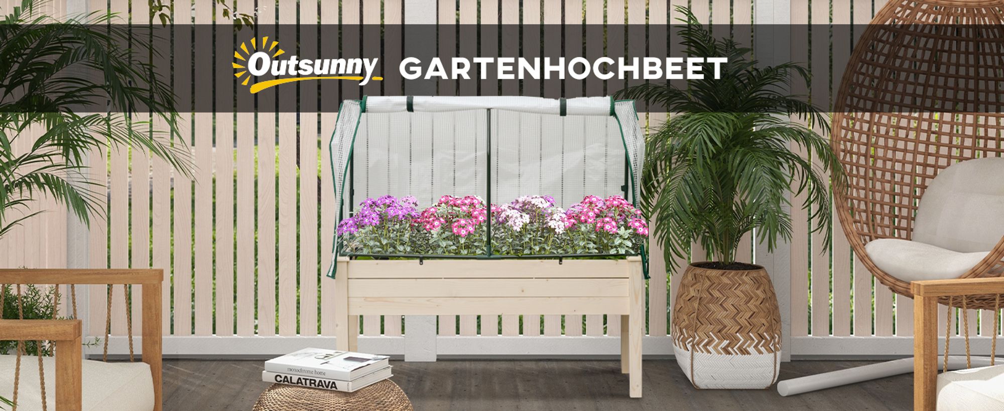 Outsunny Hochbeet Frühbeet mit Gewächshaus, Gemüsebeet mit Stoffauskleidung Holz