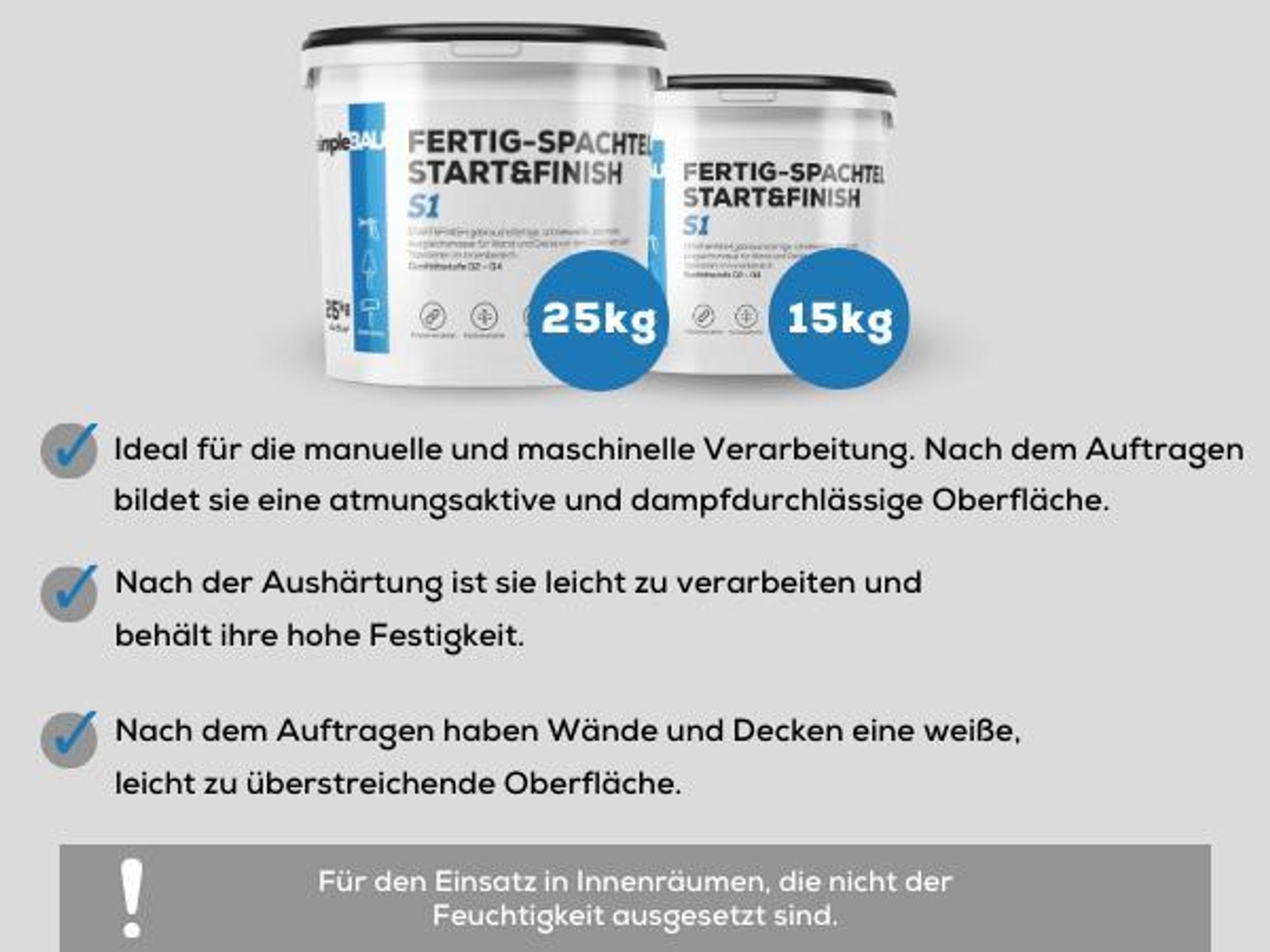 SimpleBau Spachtelmasse Start&Finish gebrauchsfertig zum Reparieren und Glätten von Wänden Perfekte weiße Farbe, 7kg