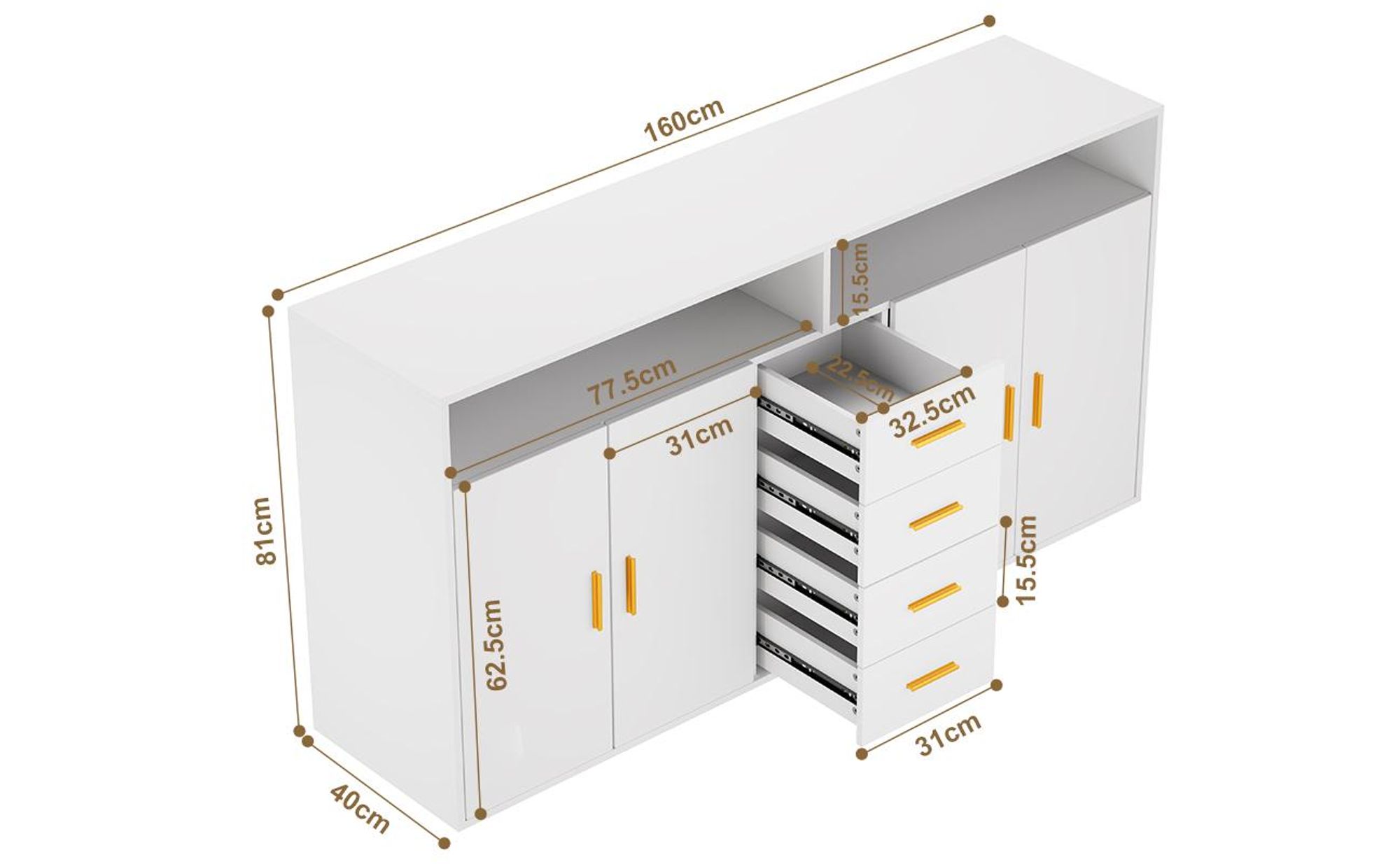 HOMAVO BG1-L Sideboard – Modernes Design für Wohnzimmer, Flur oder Esszimmer, 4 Schubladen, 2 Türen, 2 offene Fächer, pflegeleichte Melaminoberfläche