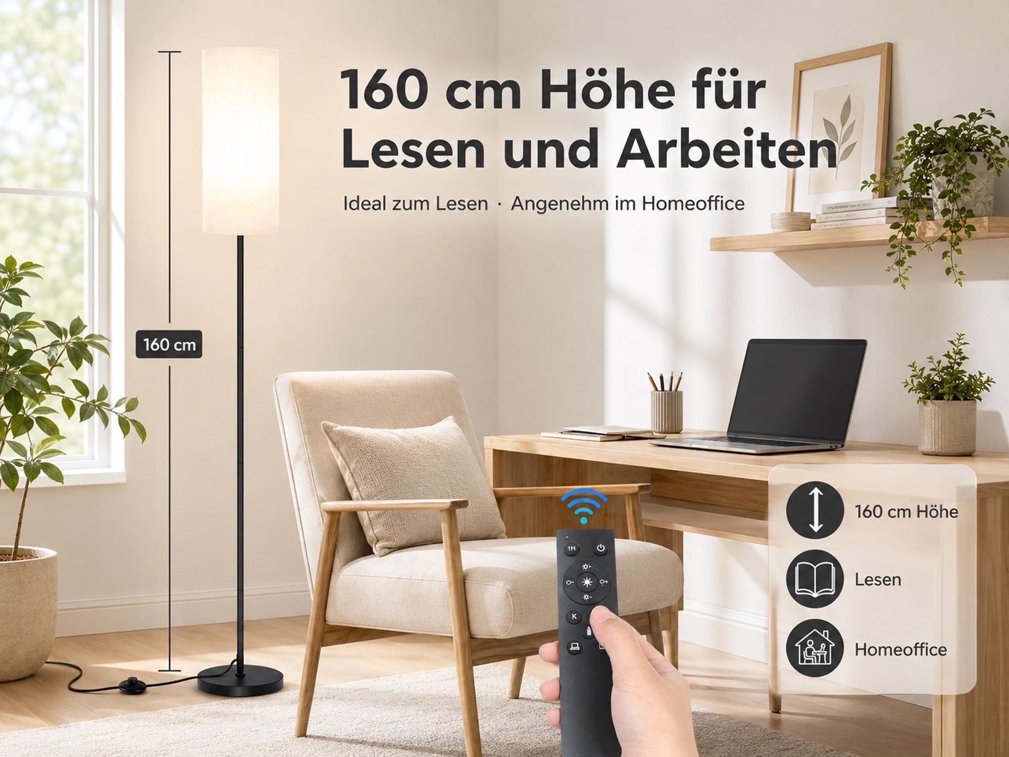 160cm LED Stehleuchte mit Leinenschirm Dimmbar Stehlampe mit Fernbedienung & Fußschalter Timer Nachtlicht Modus LED Lampe Warmweiß Retro Wohnzimmer