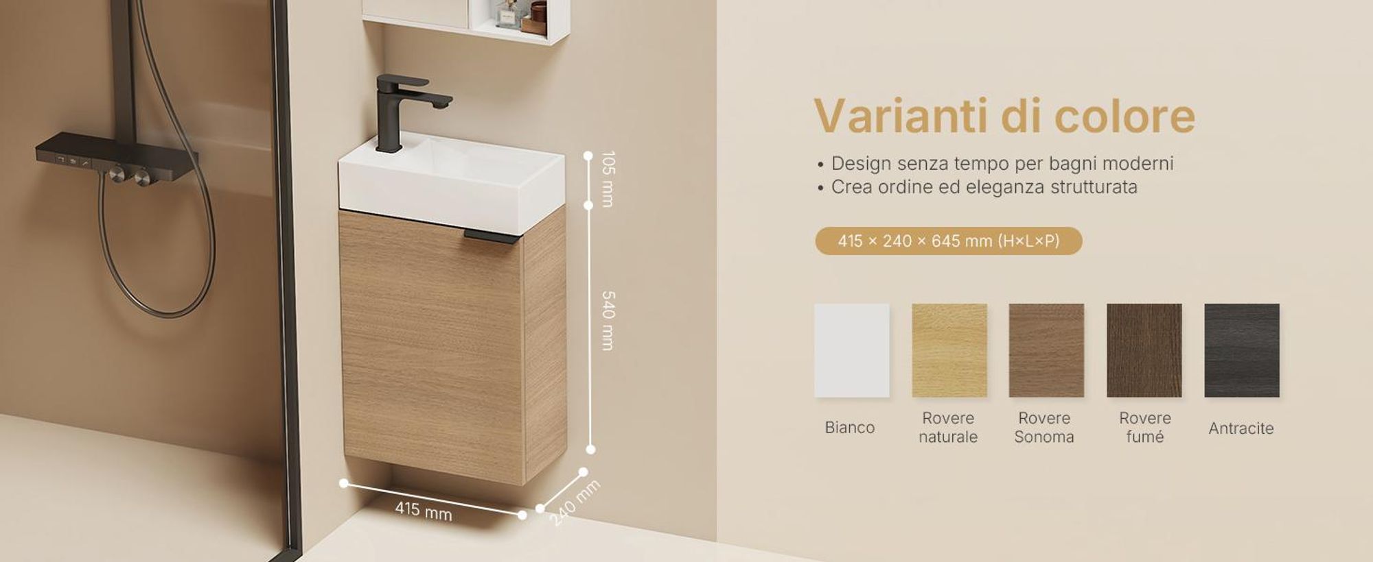 Set lavabo EMKE Mobiletto con lavabo in ceramica 417×240×646 mm sospeso, chiusura soft-close, rovere Sonoma