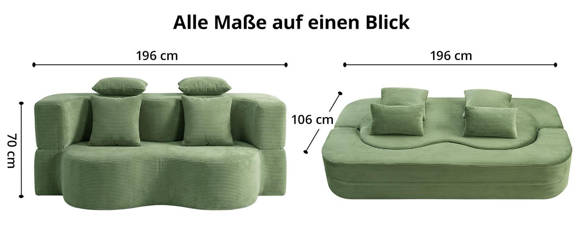 Sofa 3-Sitzer mit Schlaffunktion, 196 cm Komfortables Schlafsofa aus Cord, bis 450kg belastbar, ohne Montage, Bettcouch, Couch Gästebett, platzsparend