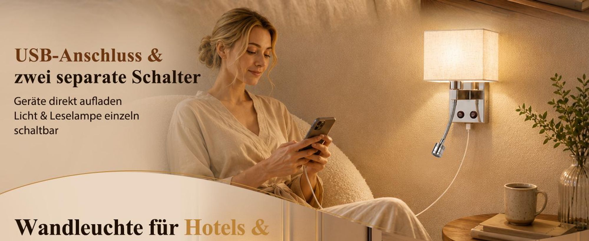 ZMH Lampada da parete a LED, con porta USB, 2W, lampada da lettura moderna, illuminazione da parete con paralume in tessuto, attacco E27, interruttore, lampada da comodino per camera da letto, hotel