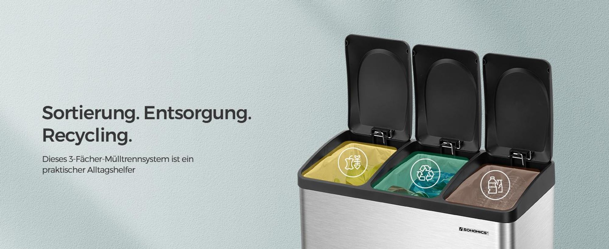 SONGMICS Mülleimer Mülltrennsystem, Abfalleimer, Edelstahl, 45 L