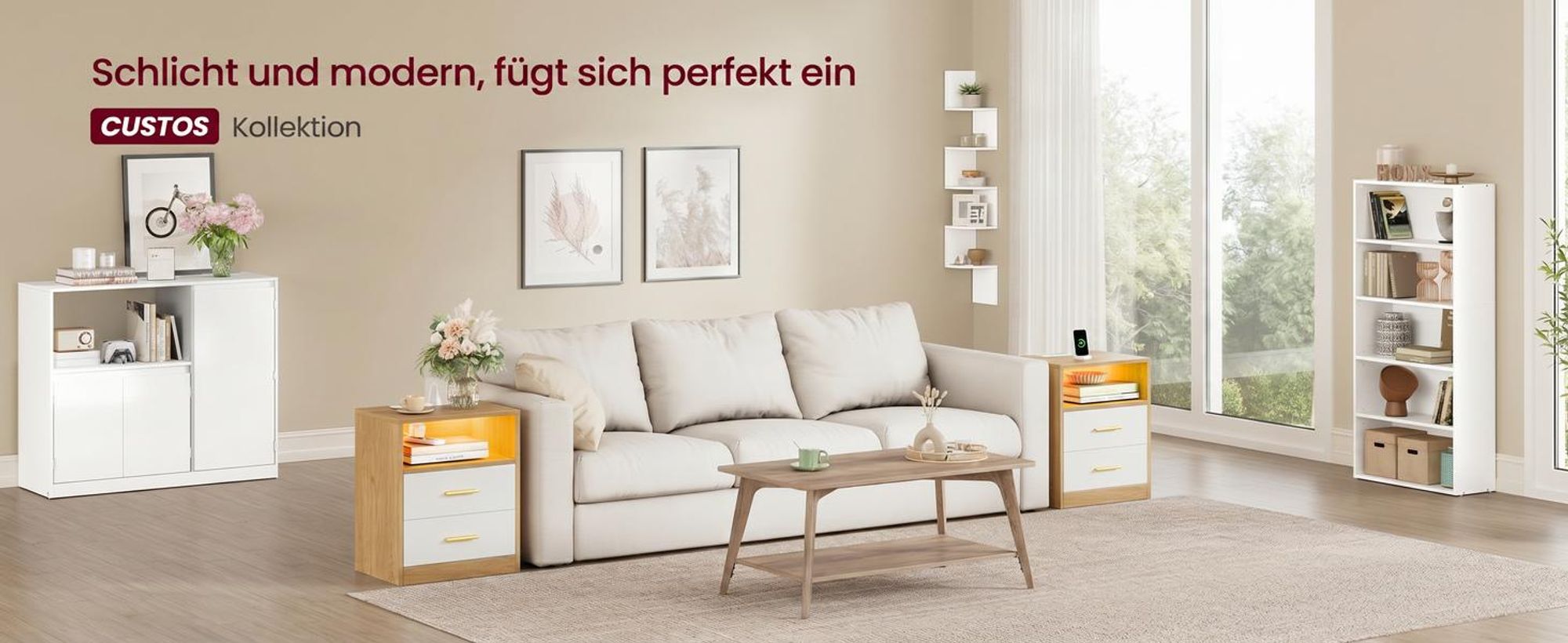 VASAGLE Beistelltisch mit Schubladen, 2er Set, Nachttisch aus Holz, Schlafzimmer, Holzspanplatte, MDF, Gelb und Weiß