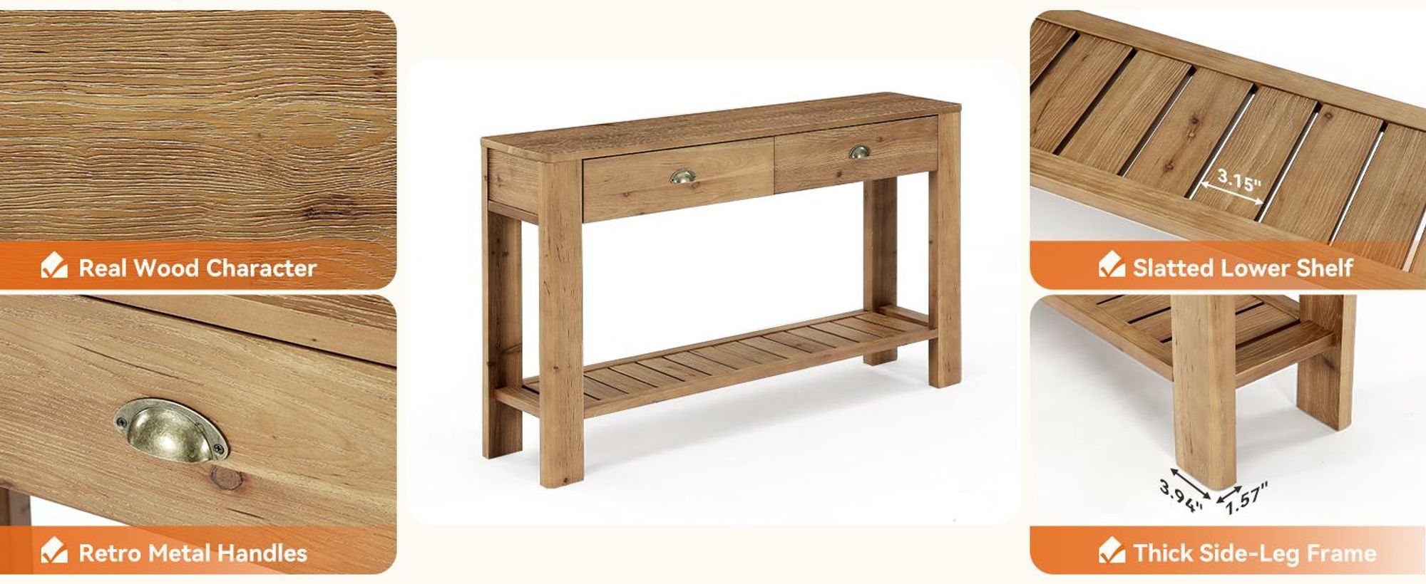 Konsolentisch aus Massivholz mit 2 Schubladen, 140 cm langer Flurtisch im Landhausstil mit offenem Ablagefach für Wohnzimmer und Flur