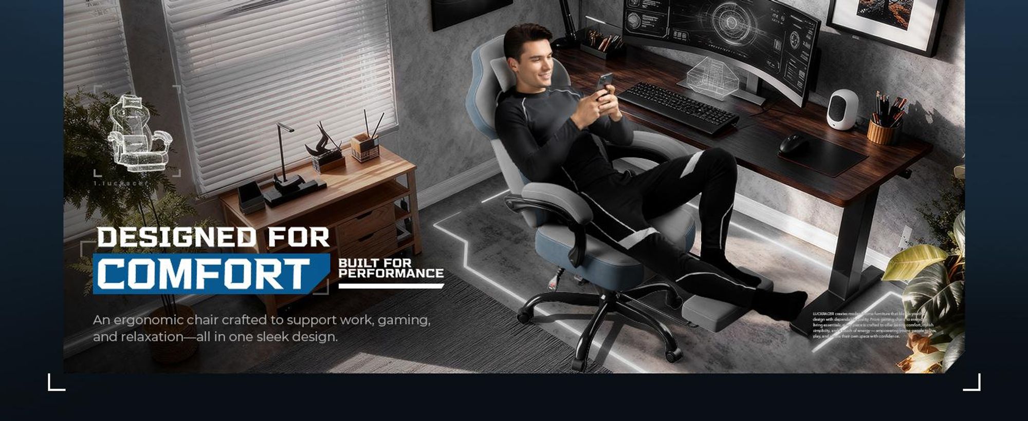 LUCKRACER Gaming Stuhl, Bürostuhl mit verbundenen Armlehnen, Memory-Schaum-Kissen, 90–155° Neigungswinkel und Fußstütze, strapazierfähigem Funktionsg