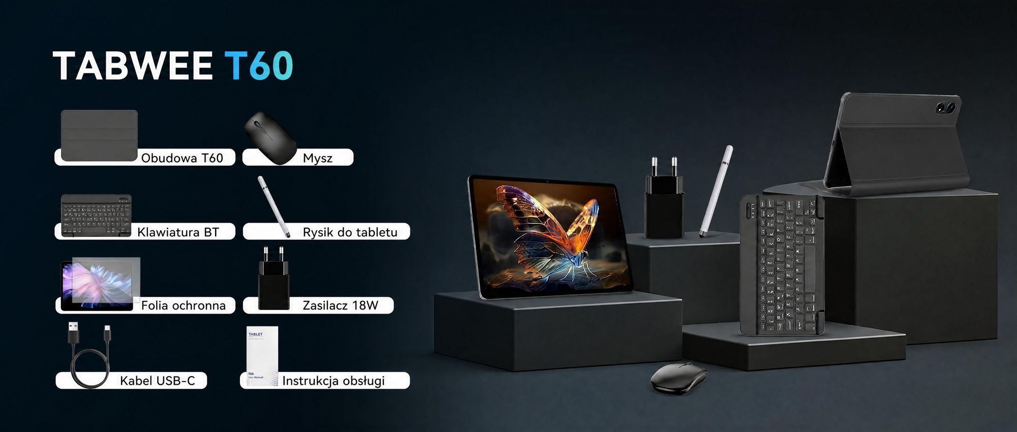 Tablet T60 z systemem Android 16, wyświetlacz 12,2" o rozdzielczości 2,5K, 48 GB pamięci RAM + 256 GB pamięci ROM + możliwość rozbudowy do 2 TB za pomocą karty TF, procesor Octa-Core, bateria 10 000 mAh i sztuczna inteligencja Gemini