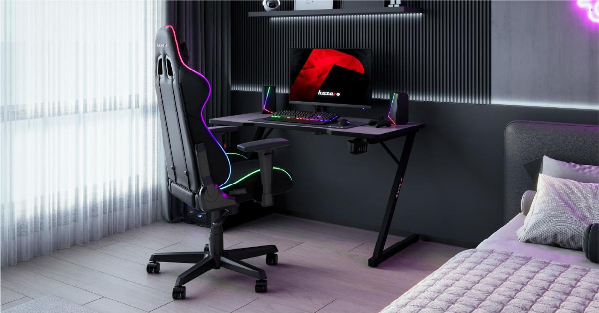 Huzaro Hero 2.5 | Gaming Tisch PC Schreibtisch Computertisch | Getränkehalter Kopfhörerhalter Carbon Tischplatte 120x60cm | Homeoffice Gamer | Schwarz